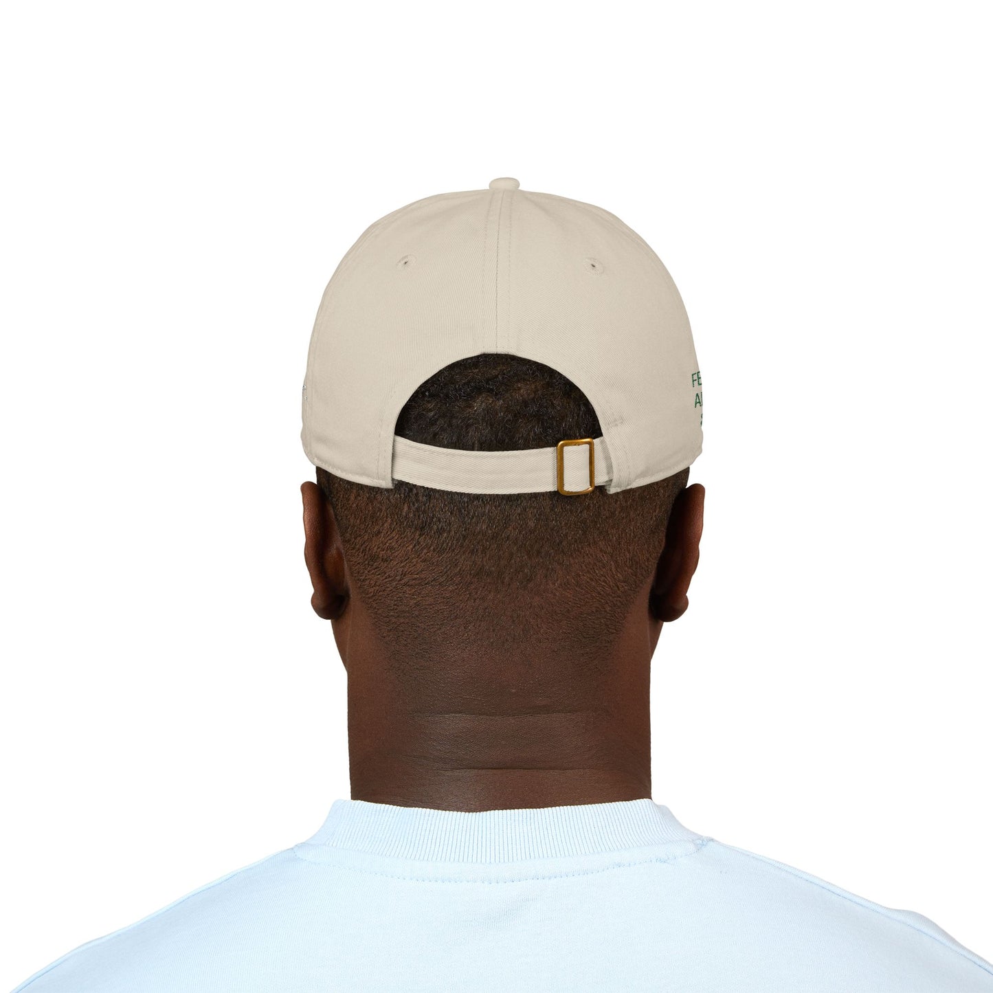 Organic baseball cap with custom embroidered name and humorous "cooking, cleaning & keeping kids alive" slogan, made by Printify.