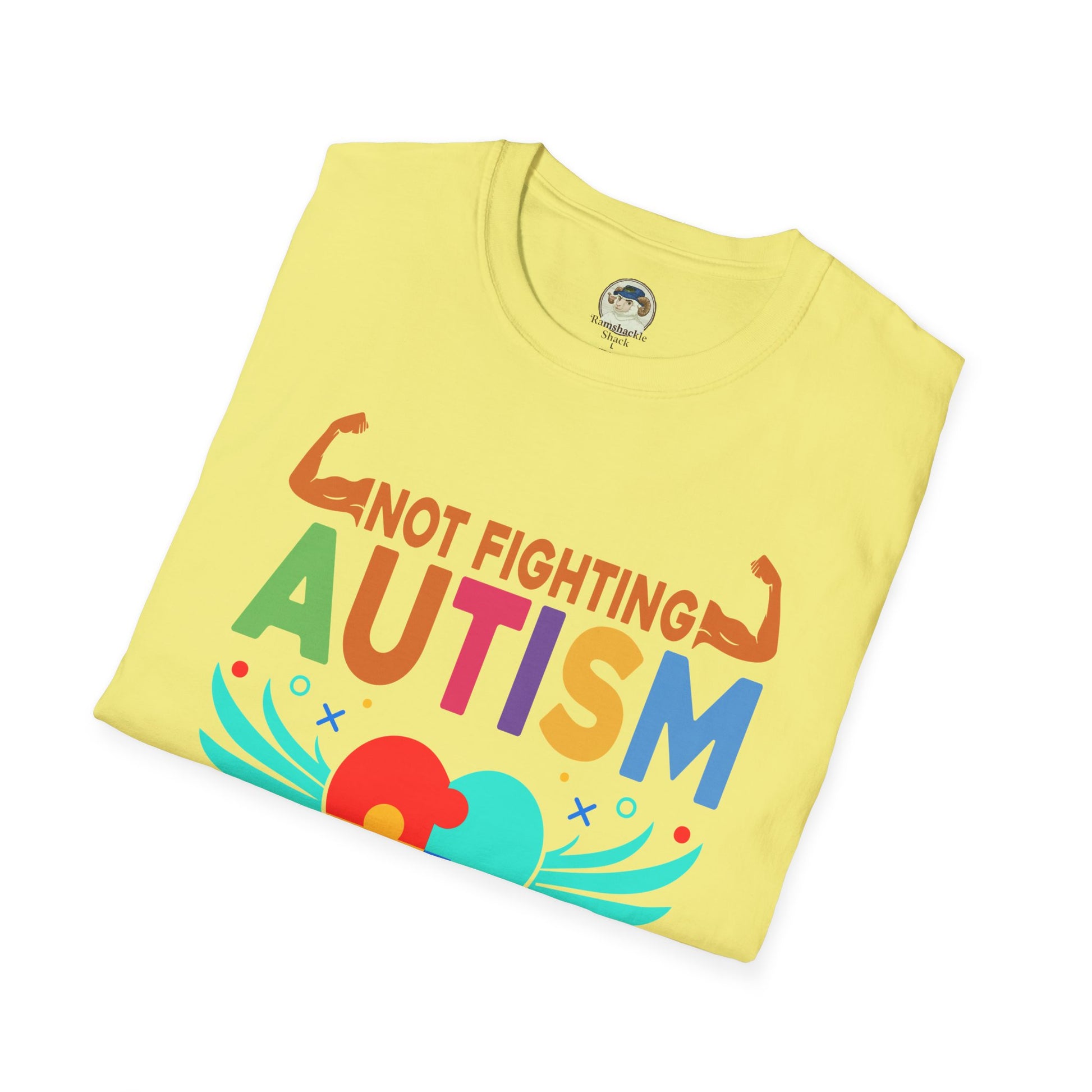Autism Awareness T-Shirt — "Not Fighting Autism, Working With It" Puzzle Ribbon Tee - Ramshackle Shack
