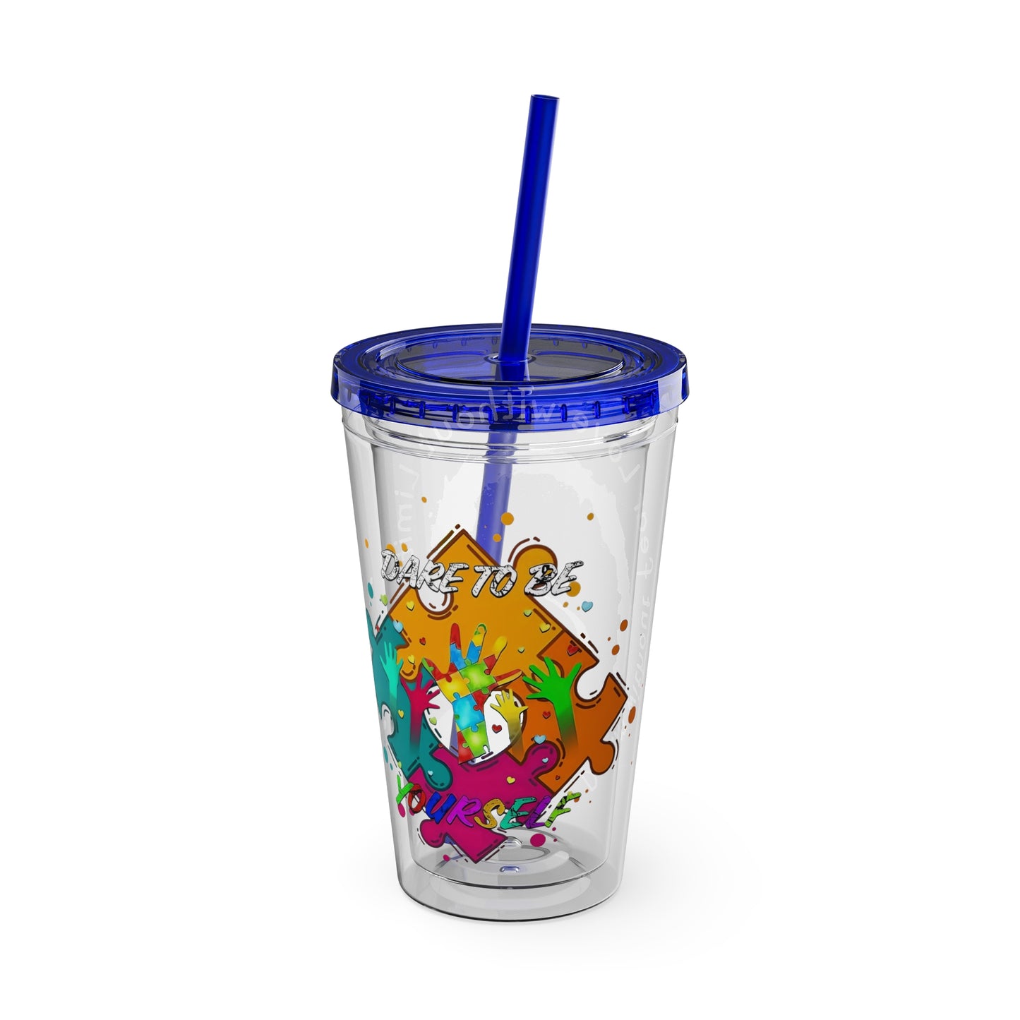16oz Printify Sunsplash tumbler with straw featuring watercolor elephant and colorful paint-splatter design.
