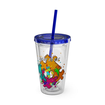 16oz Printify Sunsplash tumbler with straw featuring watercolor elephant and colorful paint-splatter design.