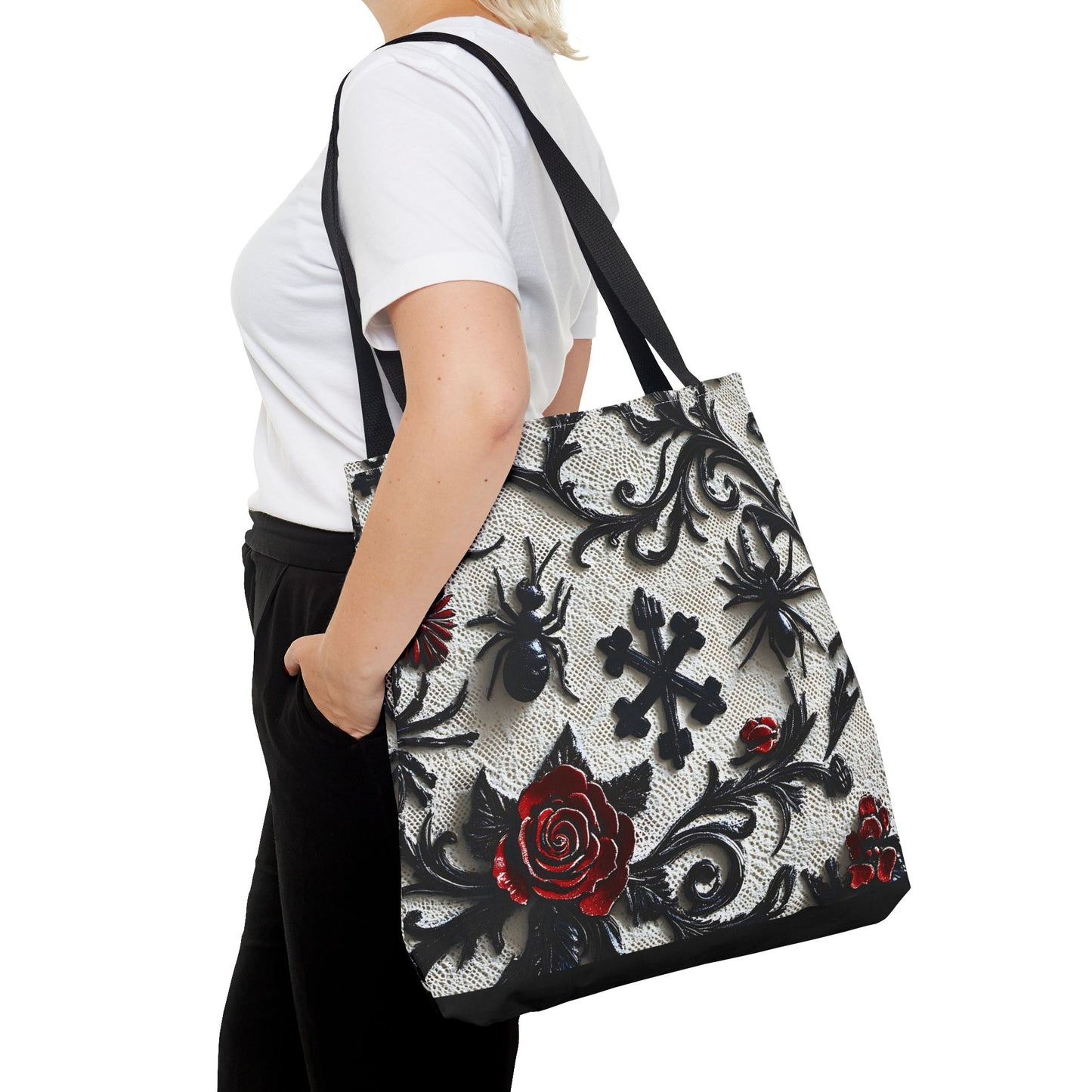 Gothic filigree tote bag with ornate dark floral print, stylish bags by Printify featuring intricate design details.