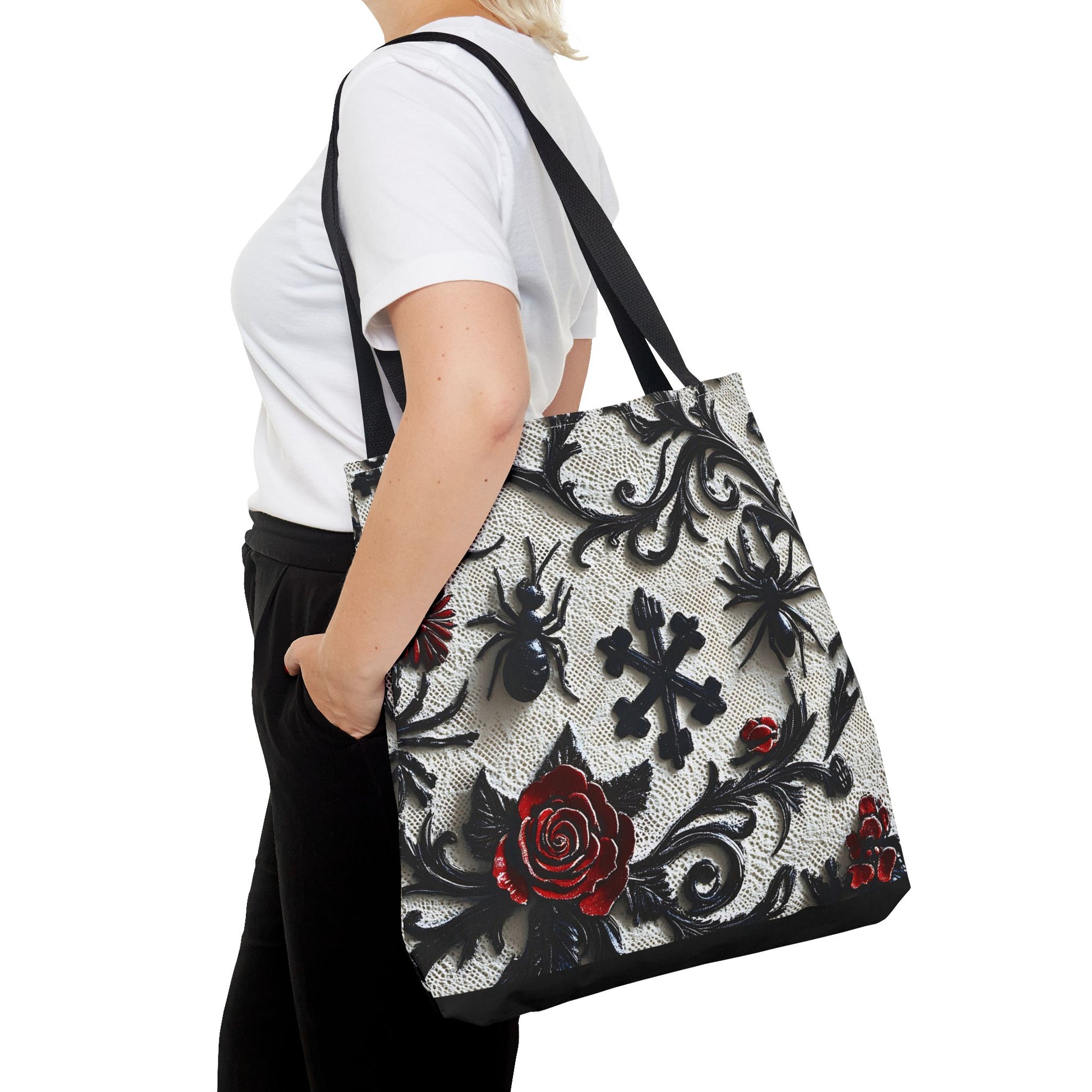Gothic filigree tote bag with ornate dark floral print, stylish bags by Printify featuring intricate design details.