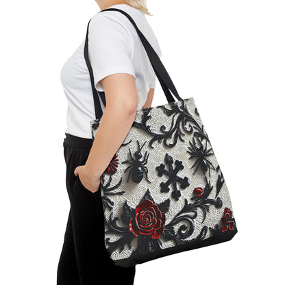 Gothic filigree tote bag with ornate dark floral print, stylish bags by Printify featuring intricate design details.
