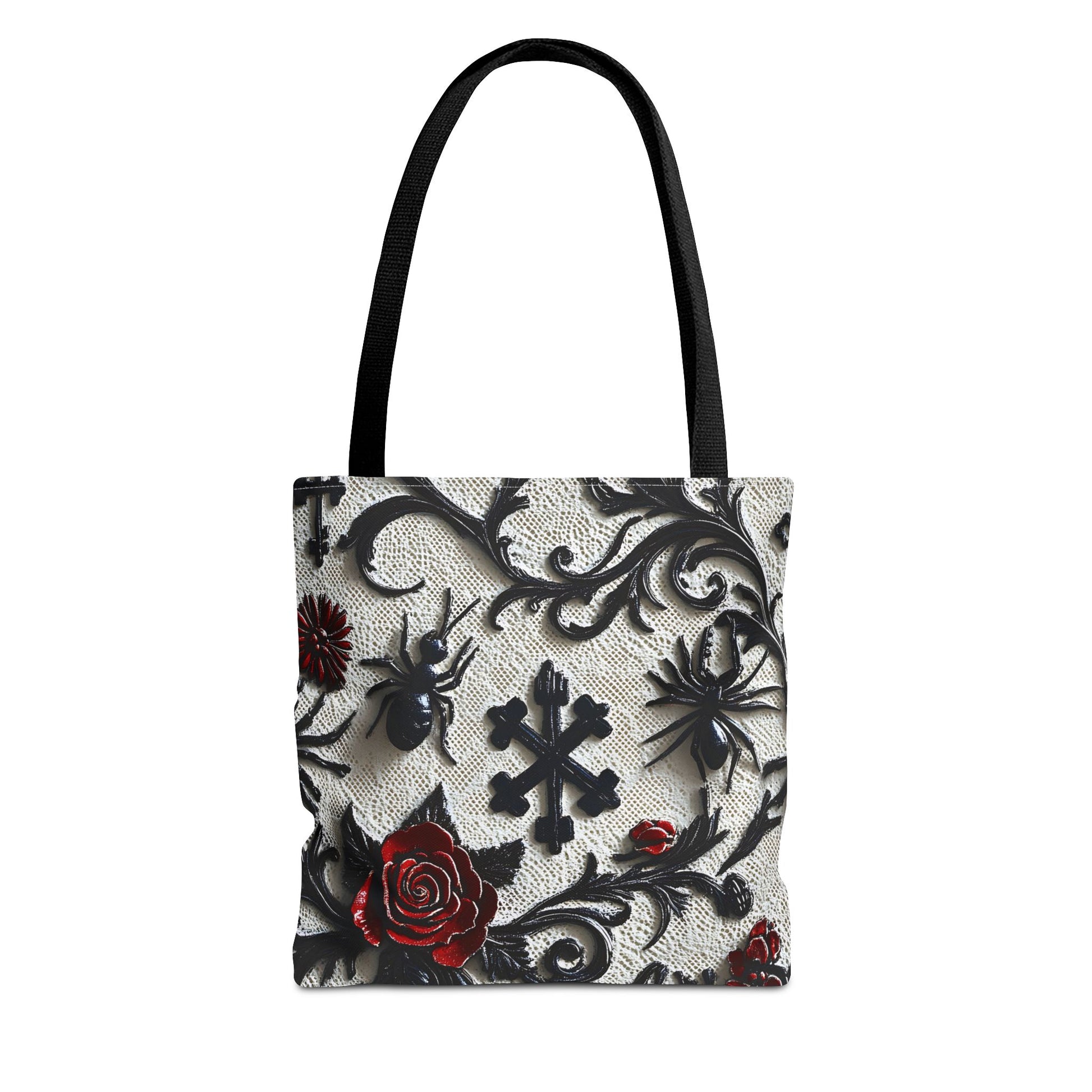 Gothic filigree tote bag with ornate dark floral all-over print, featuring intricate design and sturdy handles.
