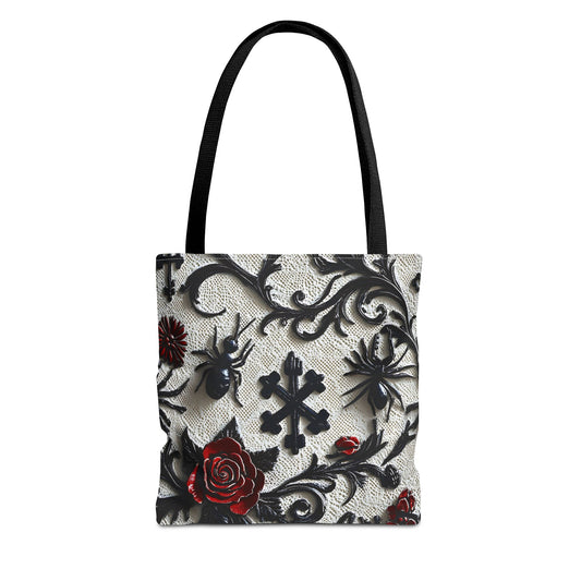 Gothic filigree tote bag with ornate dark floral all-over print, featuring intricate design and sturdy handles.