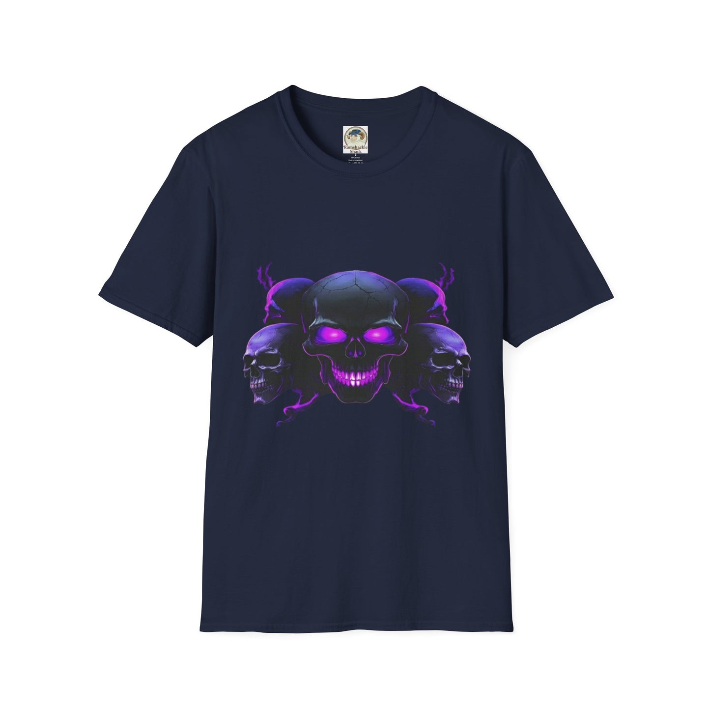 Skull Trio Graphic TShirt  Neon Purple Gothic Skull Design - Ramshackle Shack