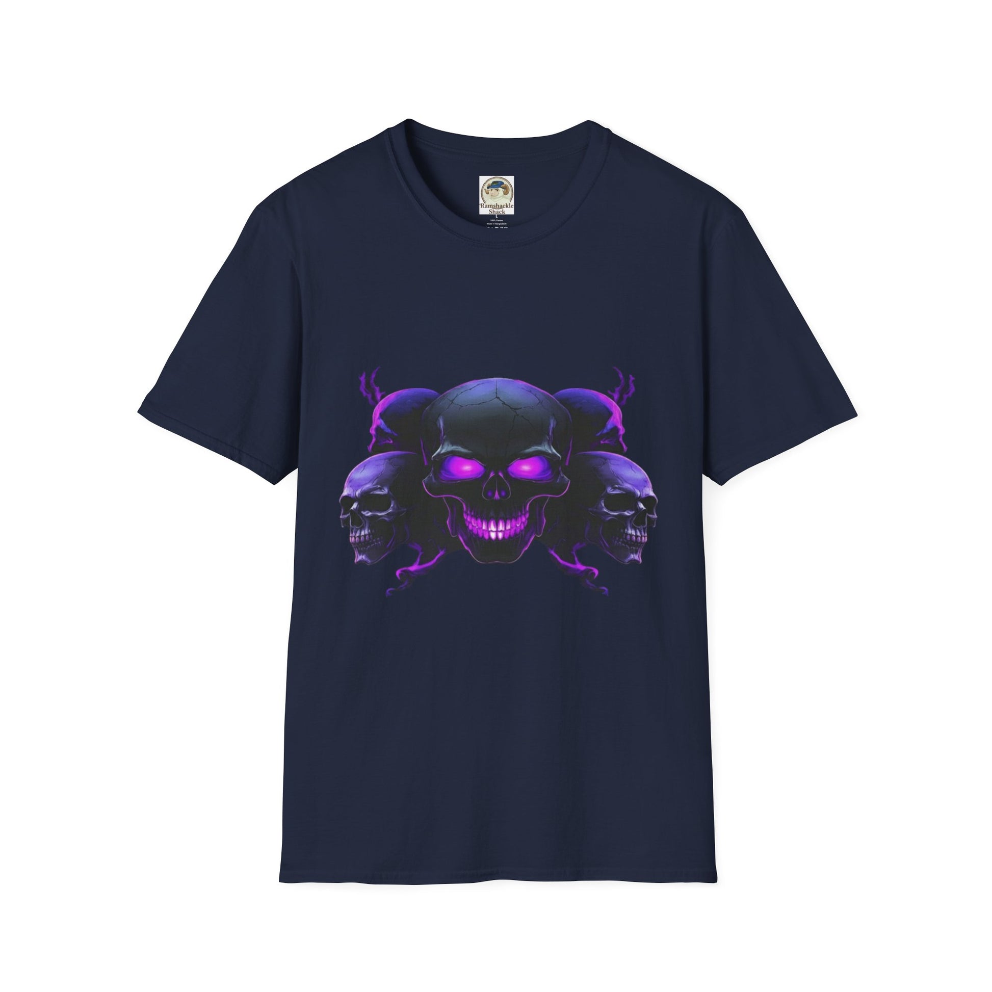 Skull Trio Graphic TShirt  Neon Purple Gothic Skull Design - Ramshackle Shack