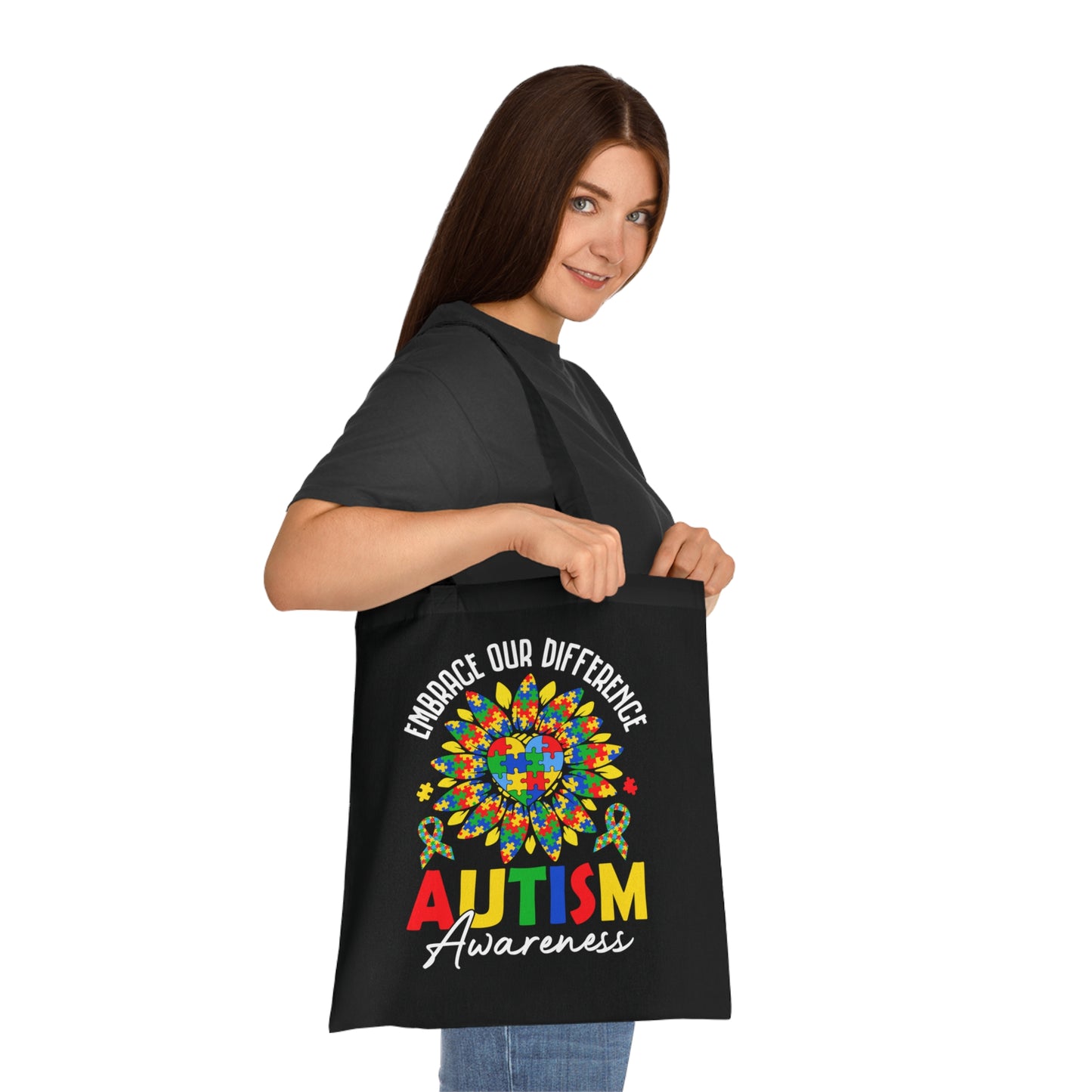 Autism Awareness Cotton Tote — "Embrace Our Difference" Puzzle Ribbon Design - Ramshackle Shack