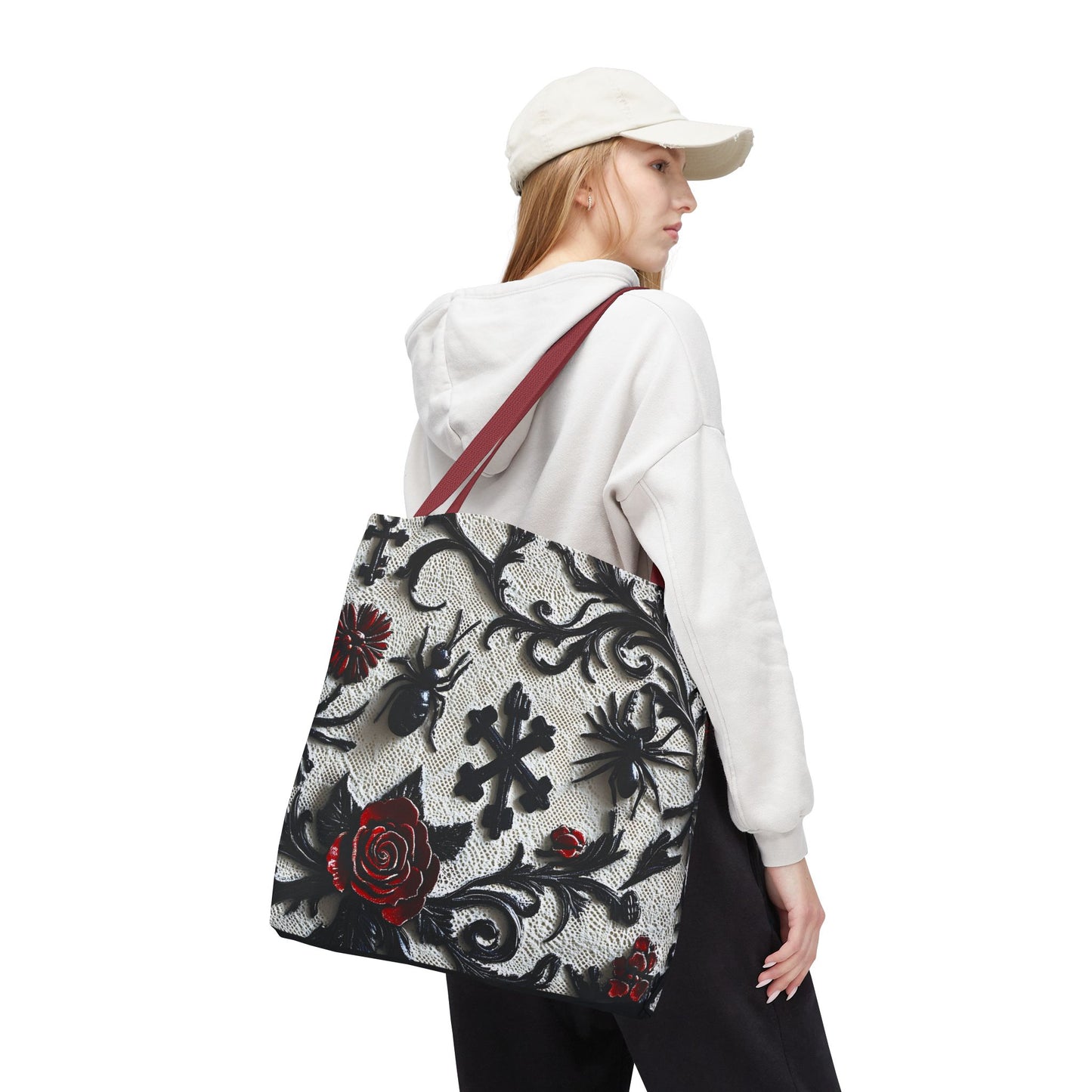 Gothic filigree tote bag with ornate dark floral all-over print, featuring a stylish and intricate design on a durable bag.