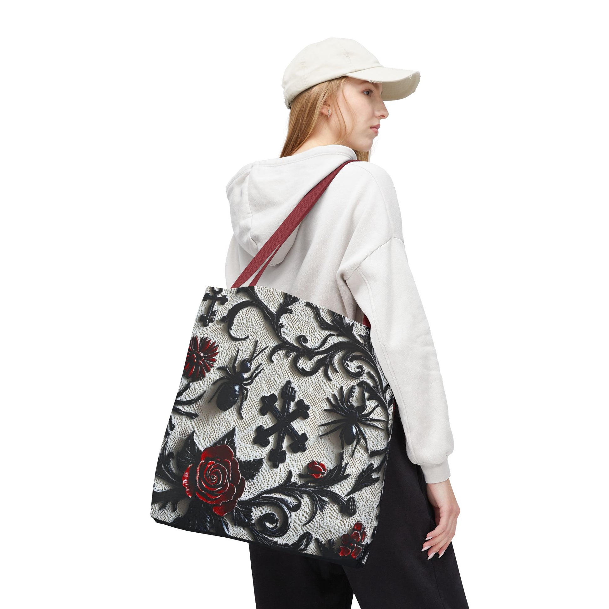 Gothic filigree tote bag with ornate dark floral all-over print, featuring a stylish and intricate design on a durable bag.