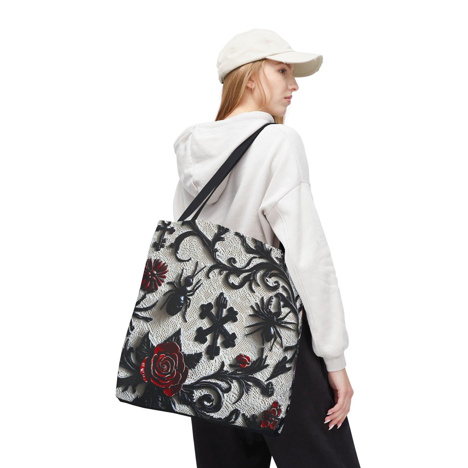 Gothic filigree tote bag by Printify with an ornate dark floral all-over print, showcasing intricate design and spacious interior.
