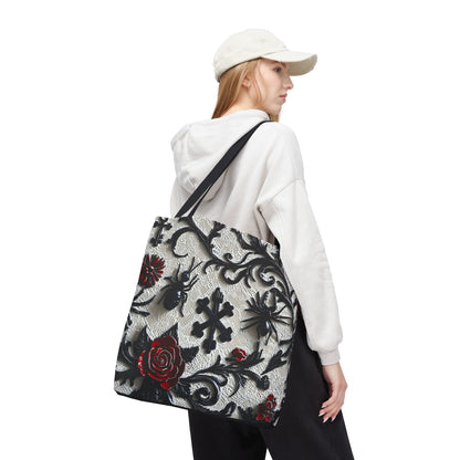 Gothic filigree tote bag by Printify with an ornate dark floral all-over print, showcasing intricate design and spacious interior.
