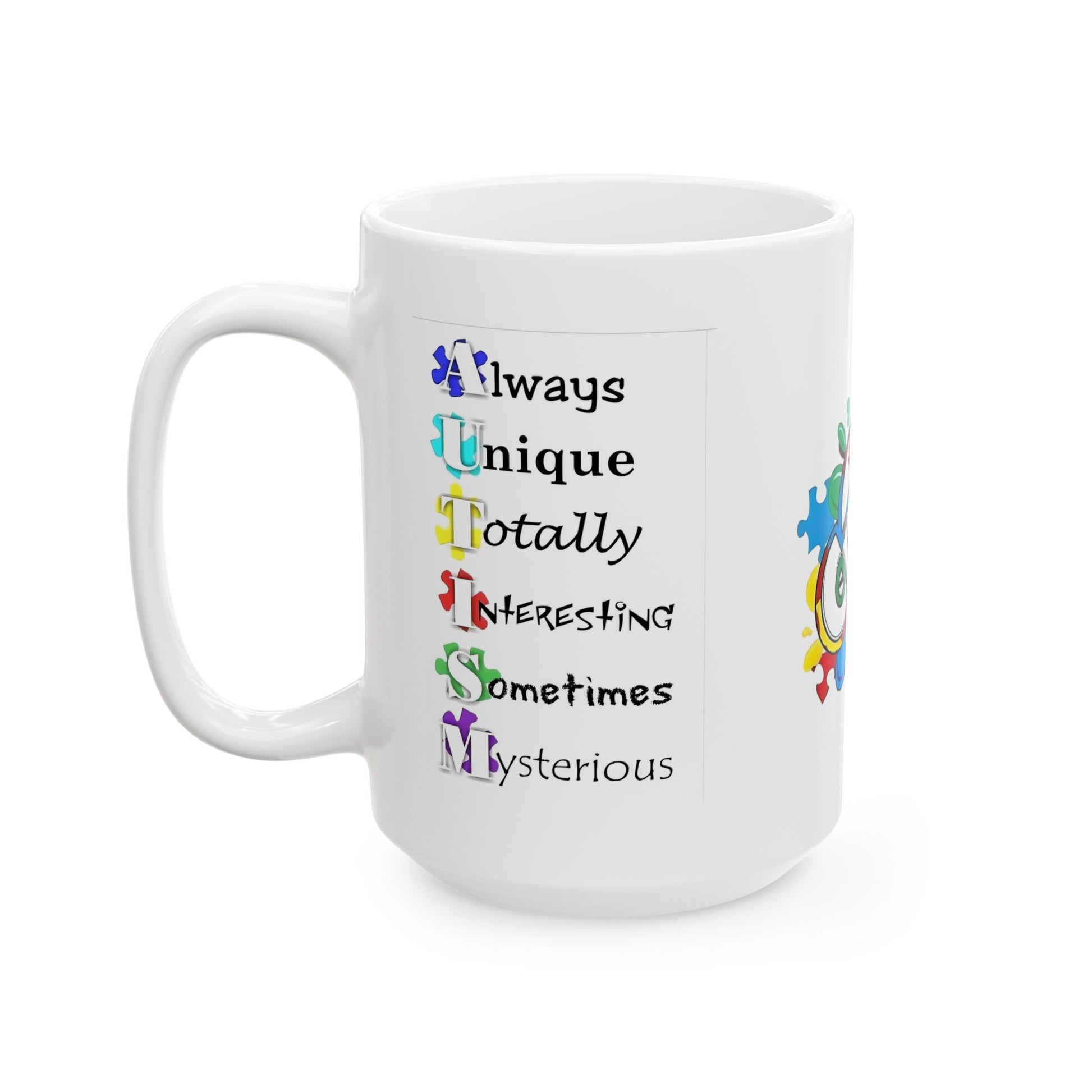 Colorful Crush Autism ceramic mug featuring puzzle piece design, available in 11oz and 15oz sizes.