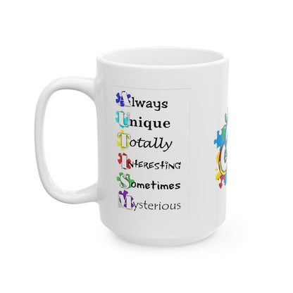 Colorful Crush Autism ceramic mug featuring puzzle piece design, available in 11oz and 15oz sizes.