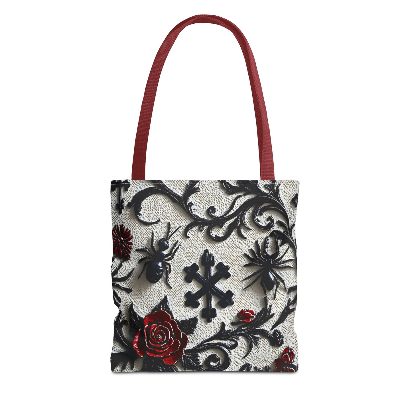 Gothic filigree tote bag by Printify featuring an ornate dark floral all-over print and intricate design on durable fabric.