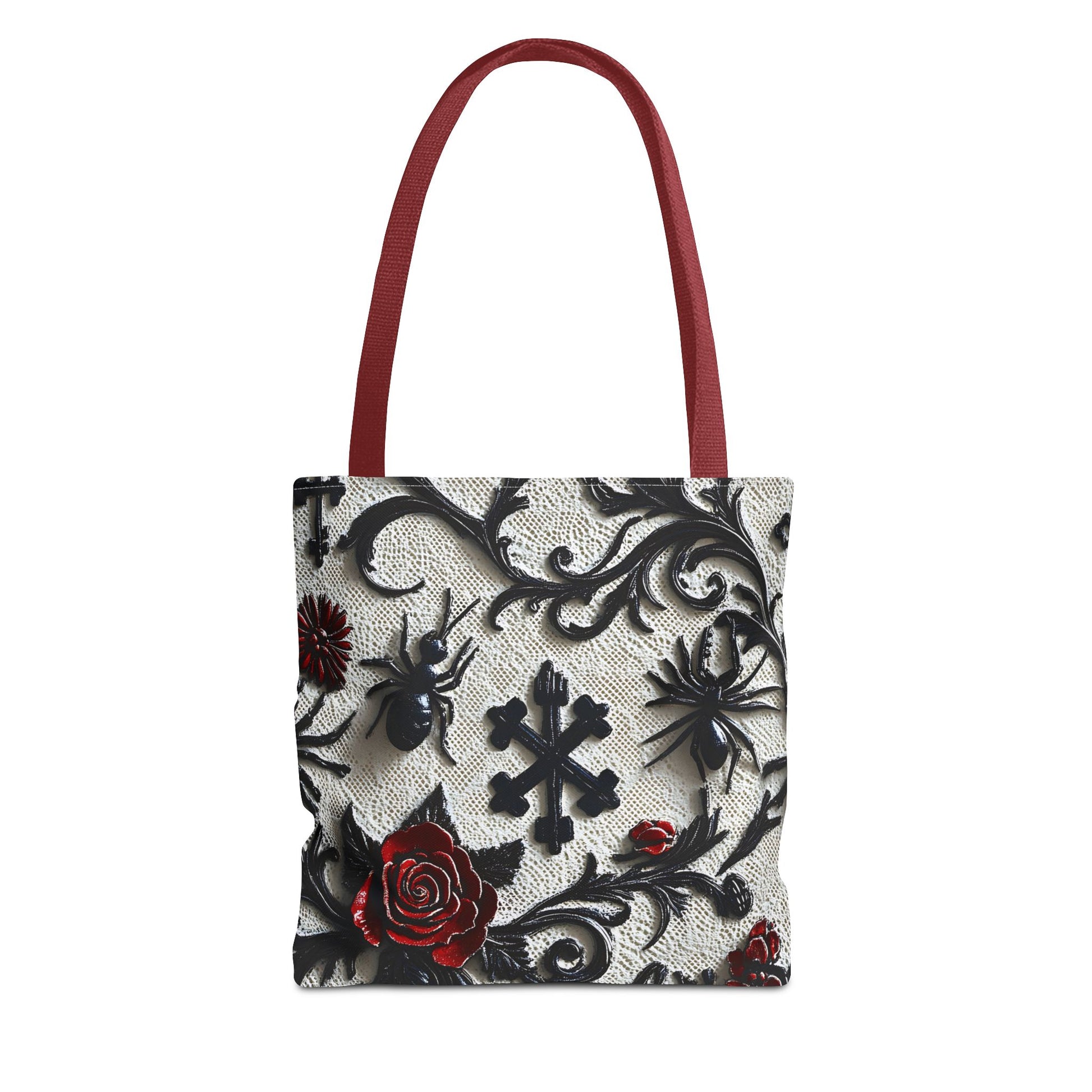 Gothic filigree tote bag by Printify featuring an ornate dark floral all-over print and intricate design on durable fabric.