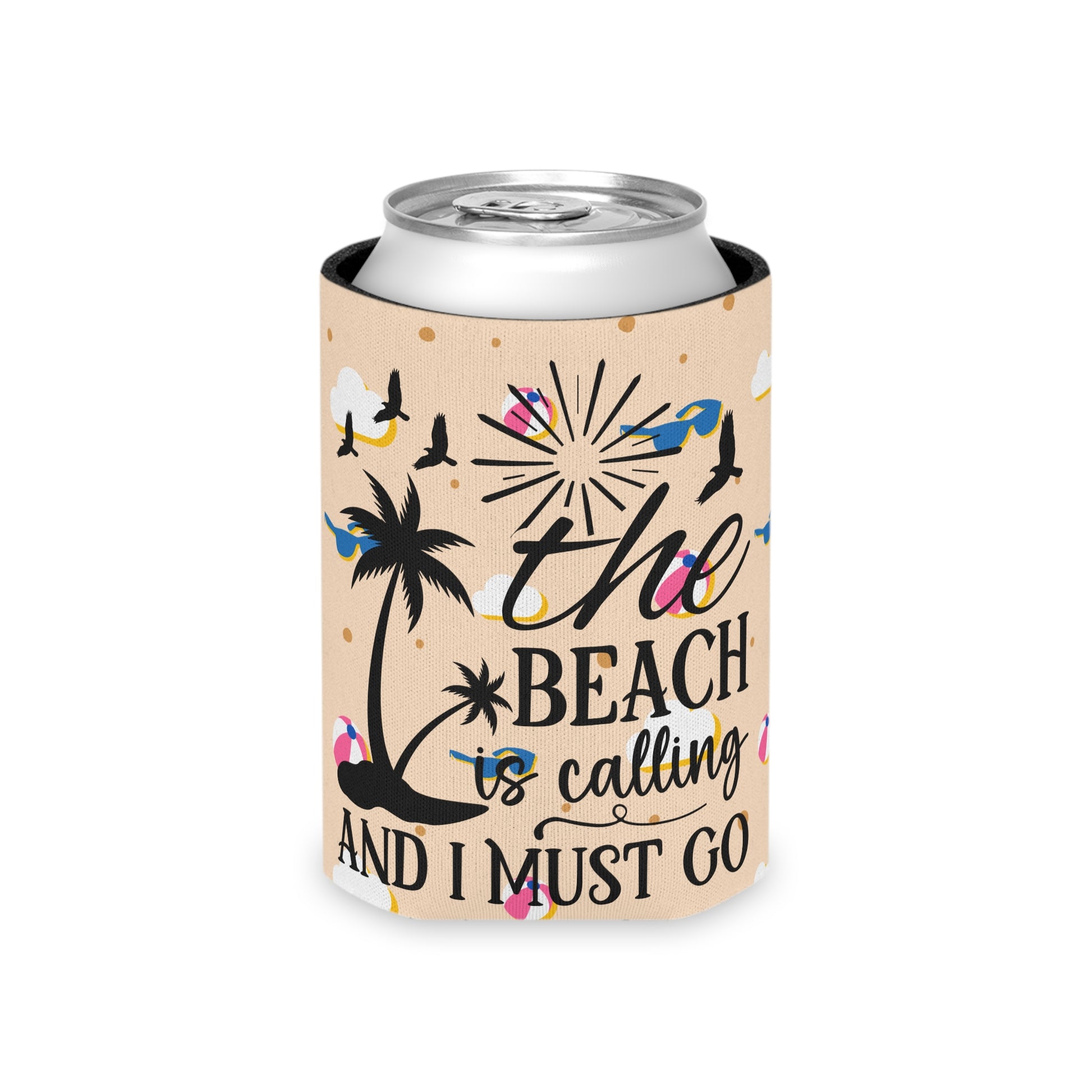 Can Cooler — “The Beach Is Calling, I Must Go” Tropical Palm & Sunglasses Design - Ramshackle Shack