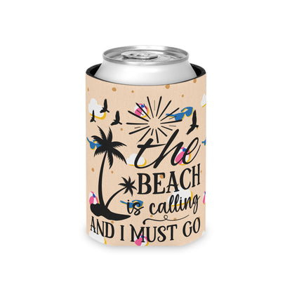 Can Cooler — “The Beach Is Calling, I Must Go” Tropical Palm & Sunglasses Design - Ramshackle Shack