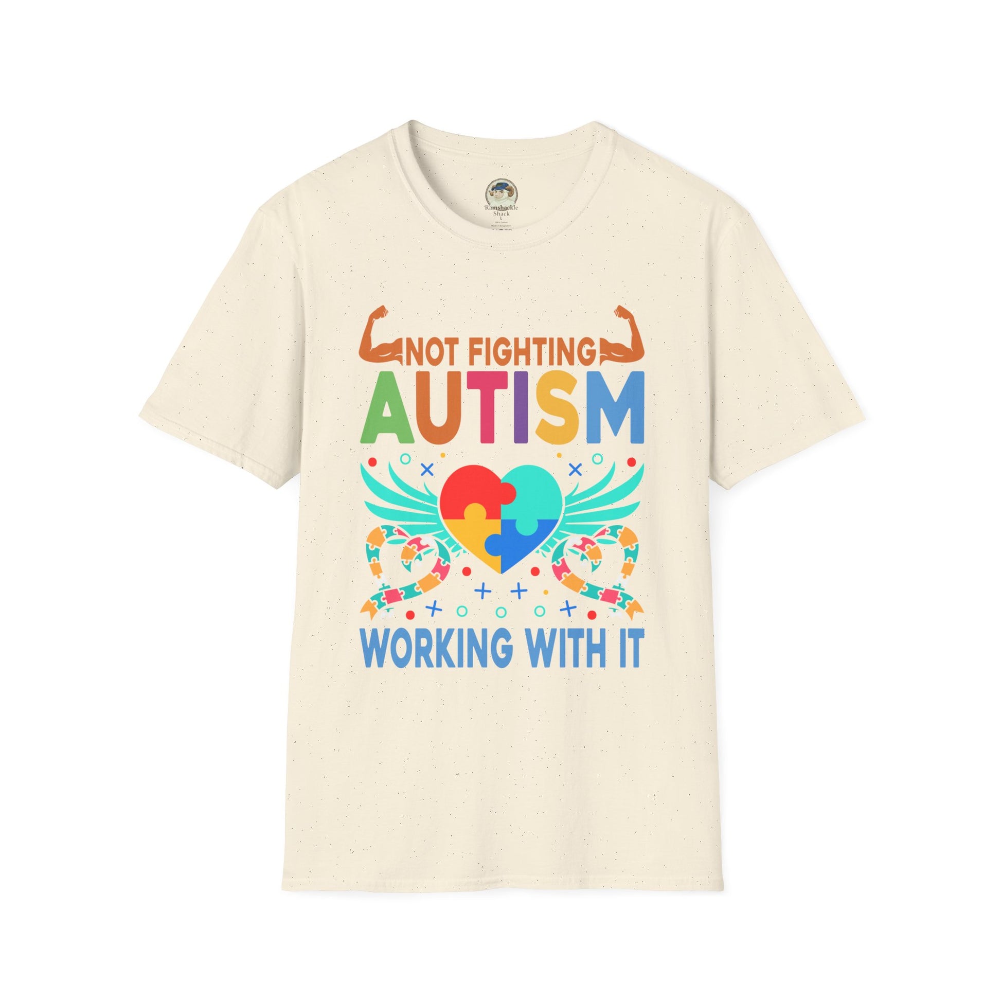 Autism Awareness T-Shirt — "Not Fighting Autism, Working With It" Puzzle Ribbon Tee - Ramshackle Shack