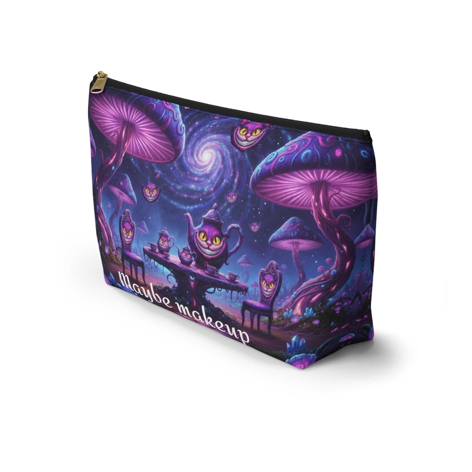 Cheshire Cat mushroom accessory pouch from Printify featuring whimsical design, ideal for makeup or snacks storage.