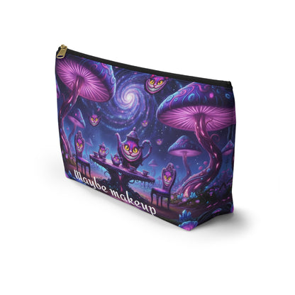 Cheshire Cat mushroom accessory pouch from Printify featuring whimsical design, ideal for makeup or snacks storage.