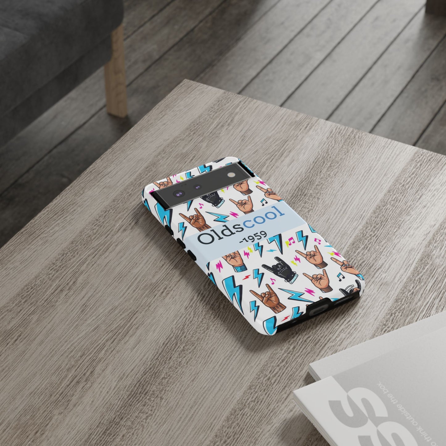Retro Rock 'Oldscool 1959' Phone Case – Lightning & Rock Hand Pattern - Ramshackle Shack