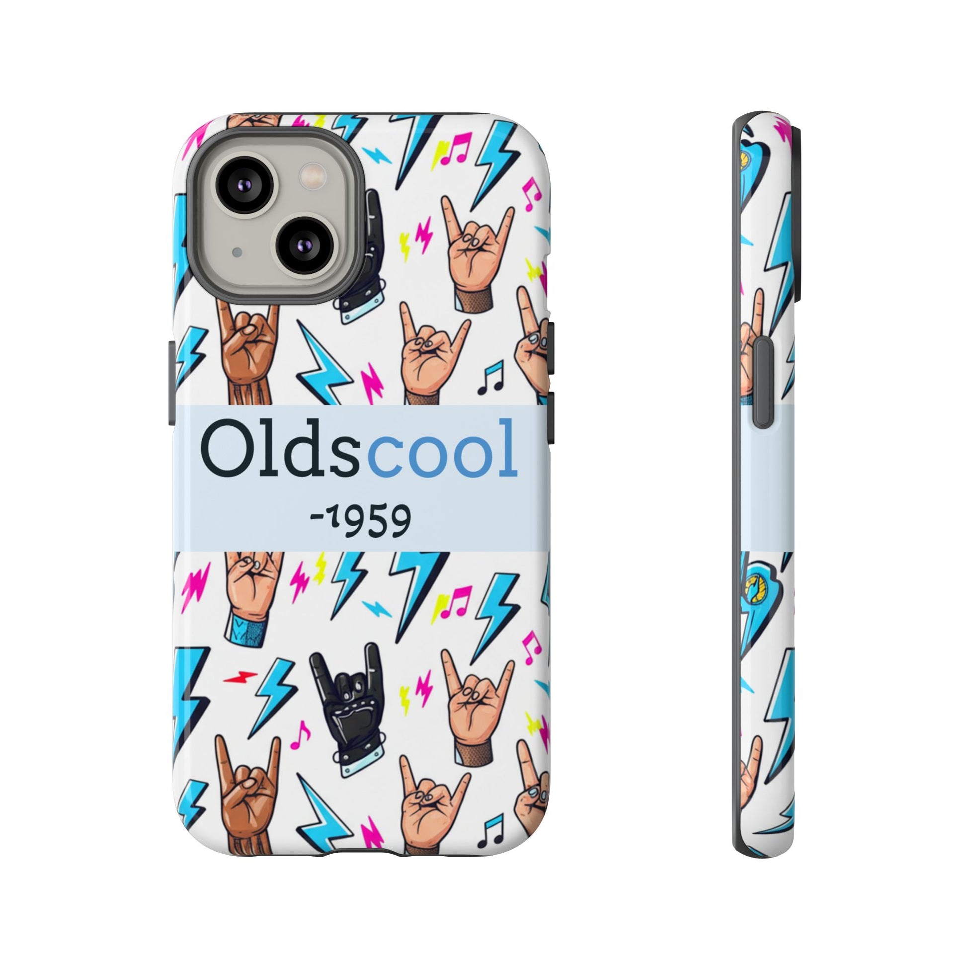 Retro Rock 'Oldscool 1959' Phone Case – Lightning & Rock Hand Pattern - Ramshackle Shack