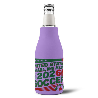 Personalized soccer chick bottle koozie for 2026 World Cup, featuring USA, Canada, Mexico, and fun soccer-themed design.