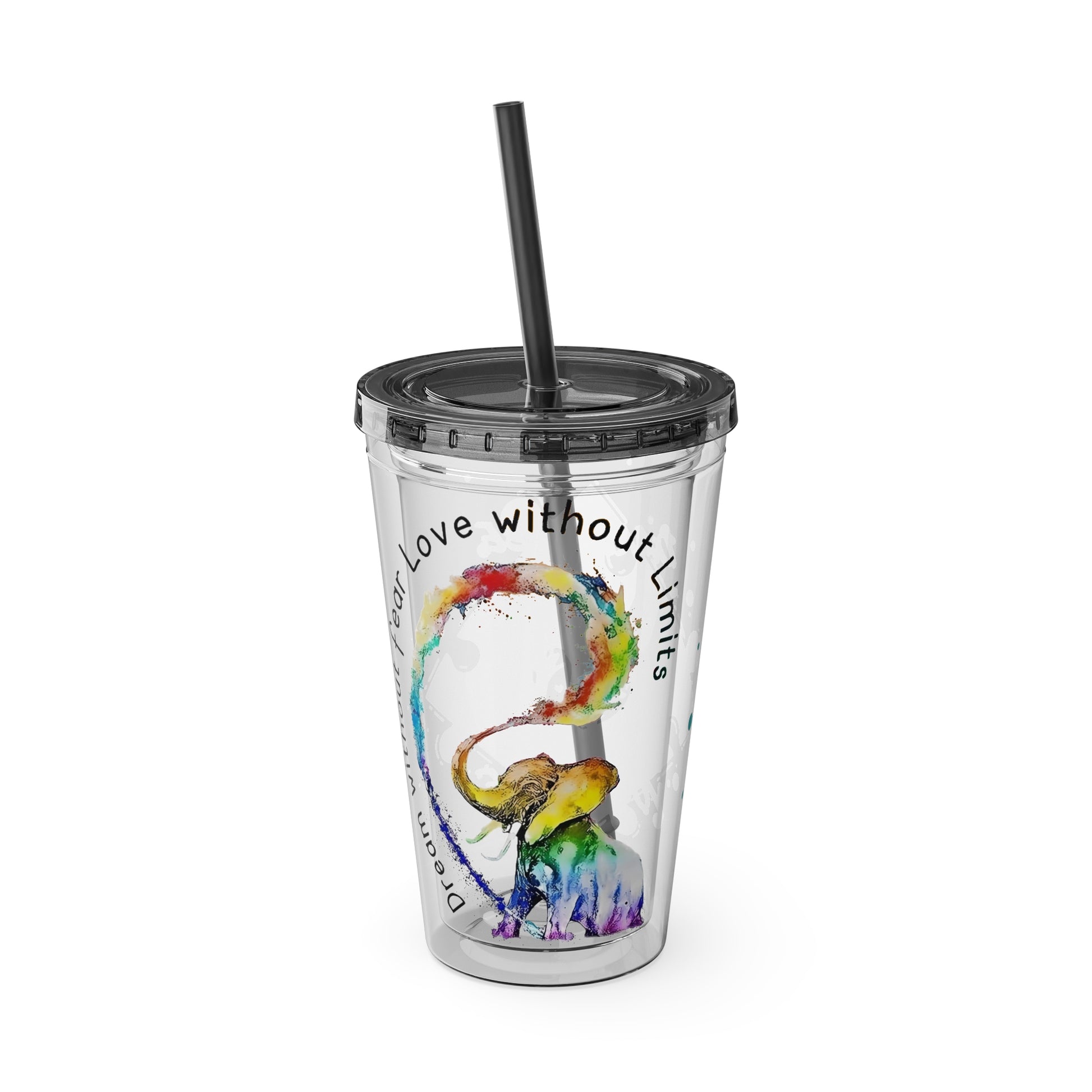 16oz Printify Sunsplash tumbler with straw featuring watercolor elephant and paint-splatter puzzle designs.