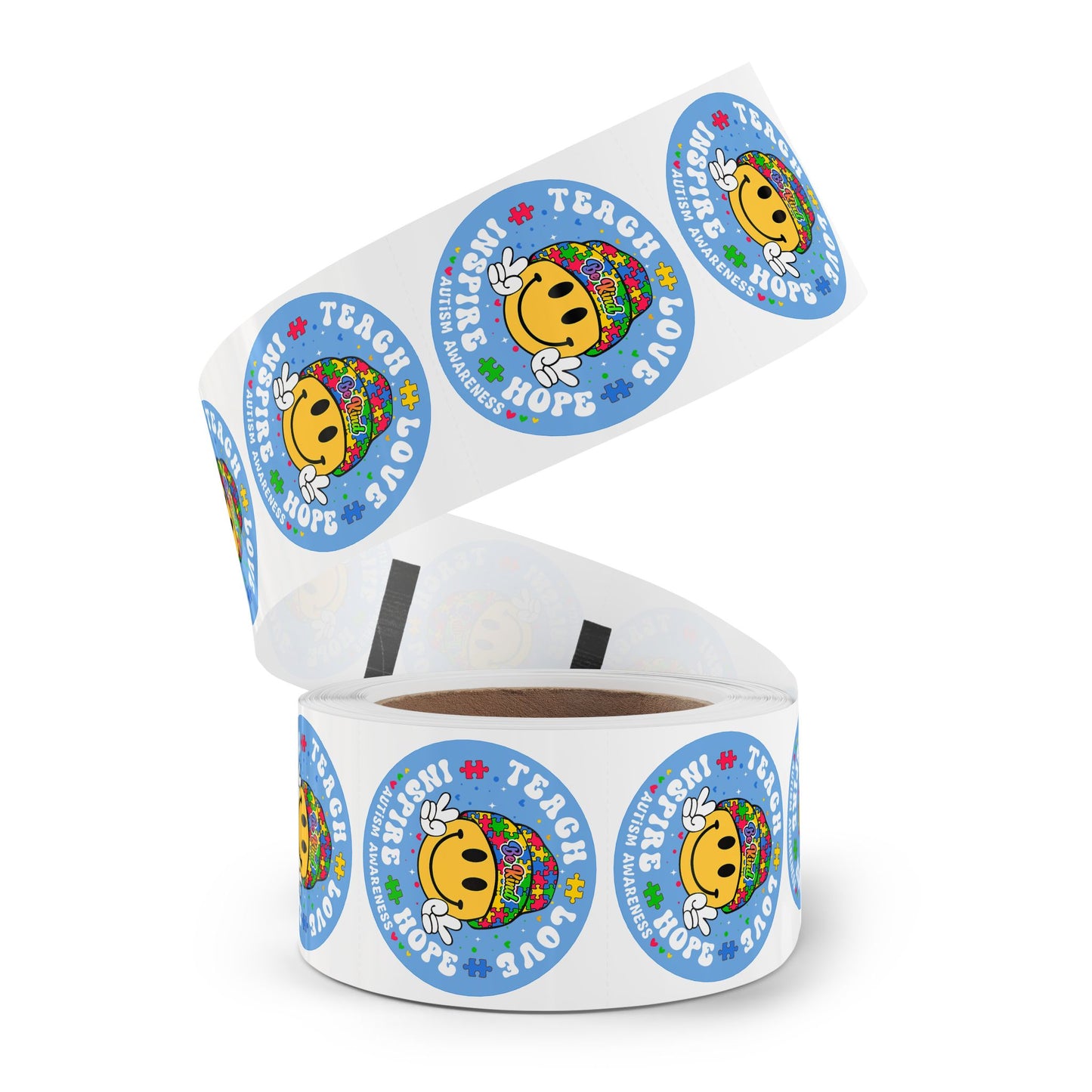 Autism awareness round sticker roll with smiley puzzle piece designs and "Teach Love Inspire Hope" message, printed on paper.
