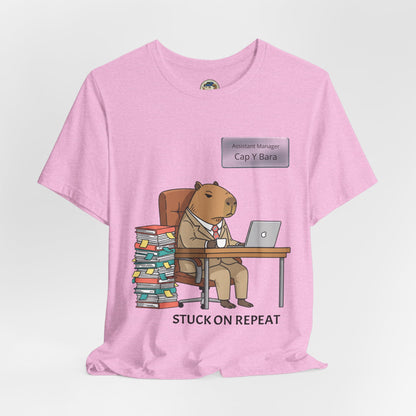 Capybara in suit desk tee featuring a personalized nameplate, casual graphic T-shirt by Printify with humorous design.