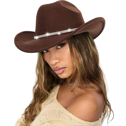 Western Women Cowgirl Hat Felt Fedora Men Rolled Wide Brim Rodeo Hat Buckle Belt Bling Rhinestone Disco Brown Cowboy Hat - Ramshackle Shack
