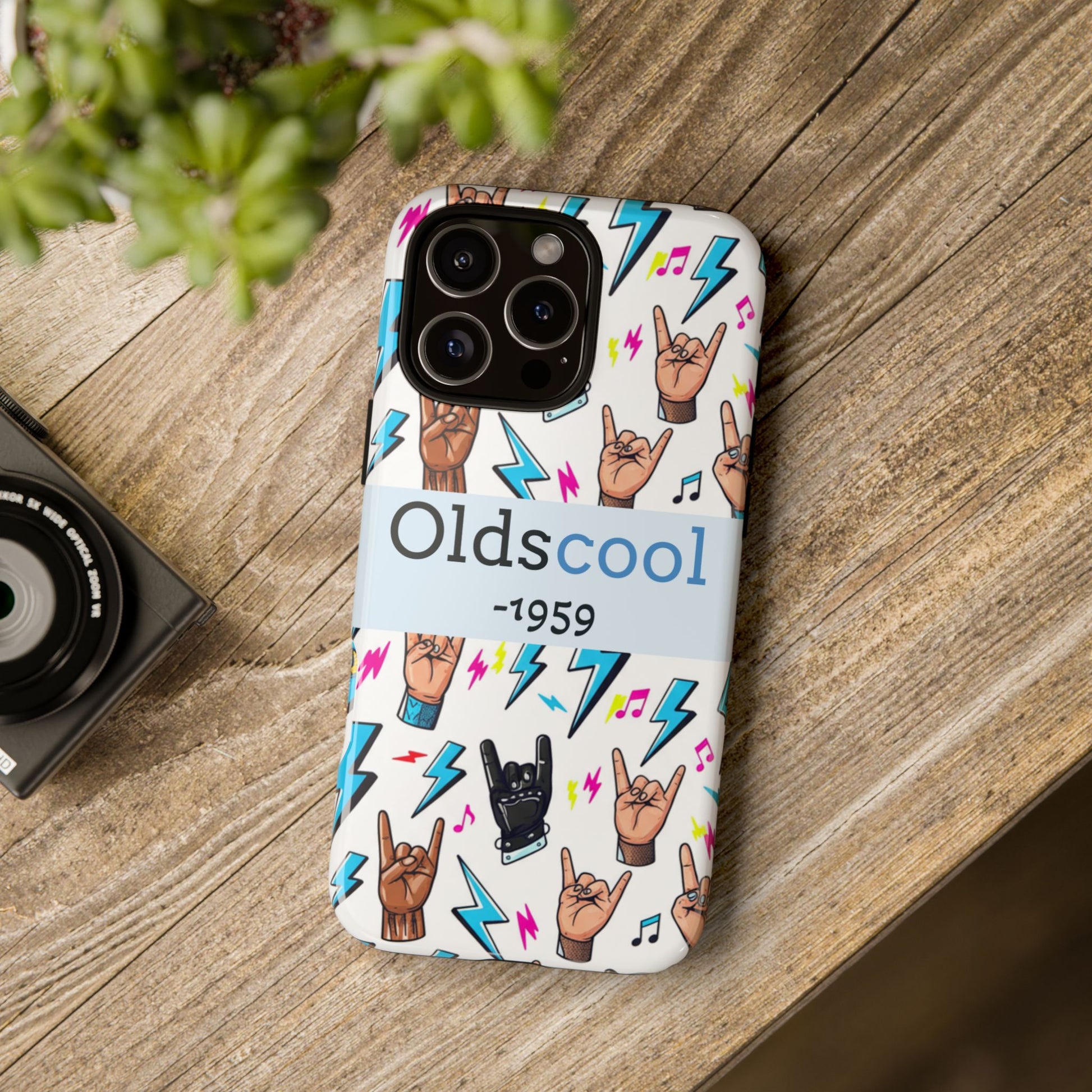 Retro Rock 'Oldscool 1959' Phone Case – Lightning & Rock Hand Pattern - Ramshackle Shack