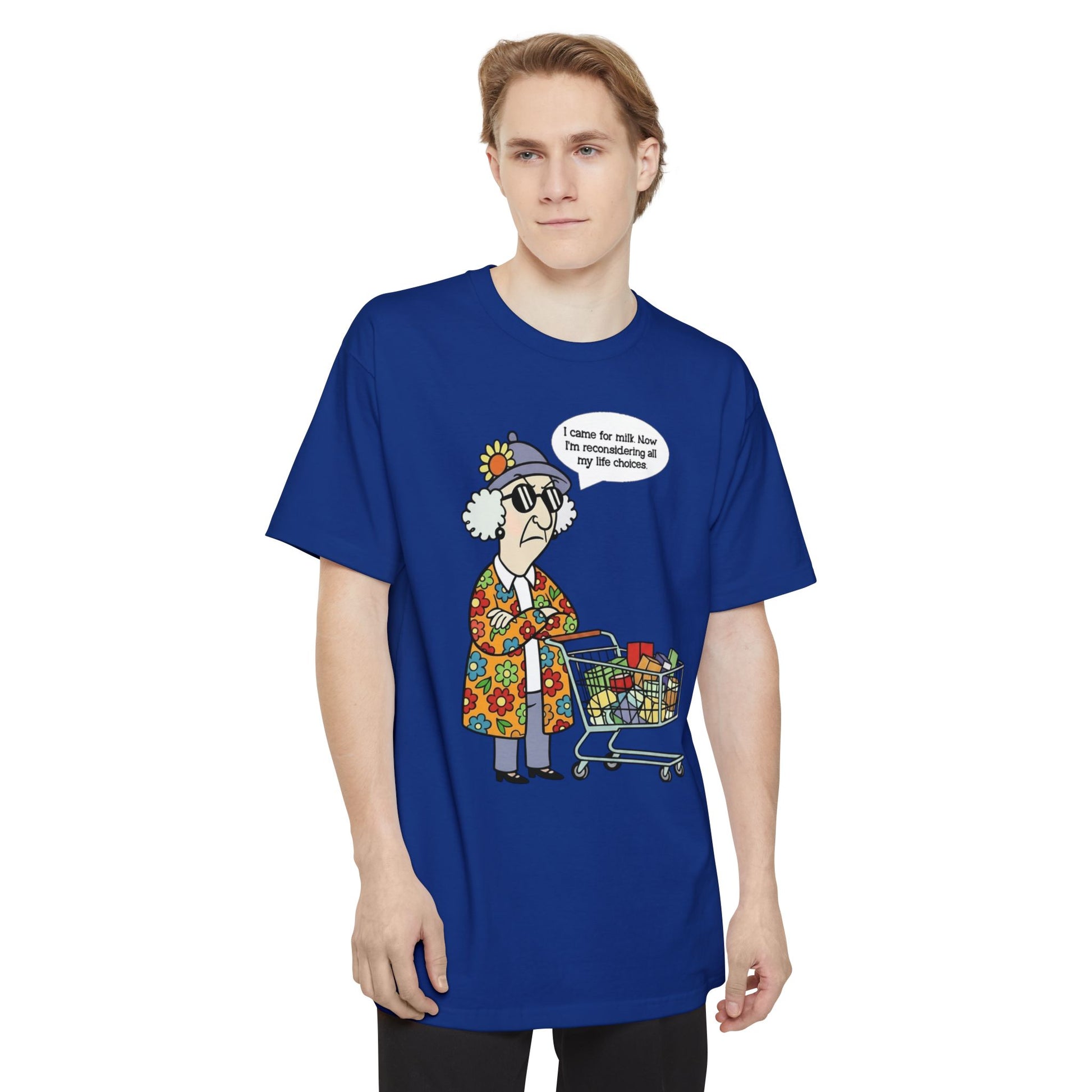 Tall Beefy-T® Sassy Max "I Came for Milk" funny graphic T-shirt featuring a humorous milk-themed design on a casual tee.
