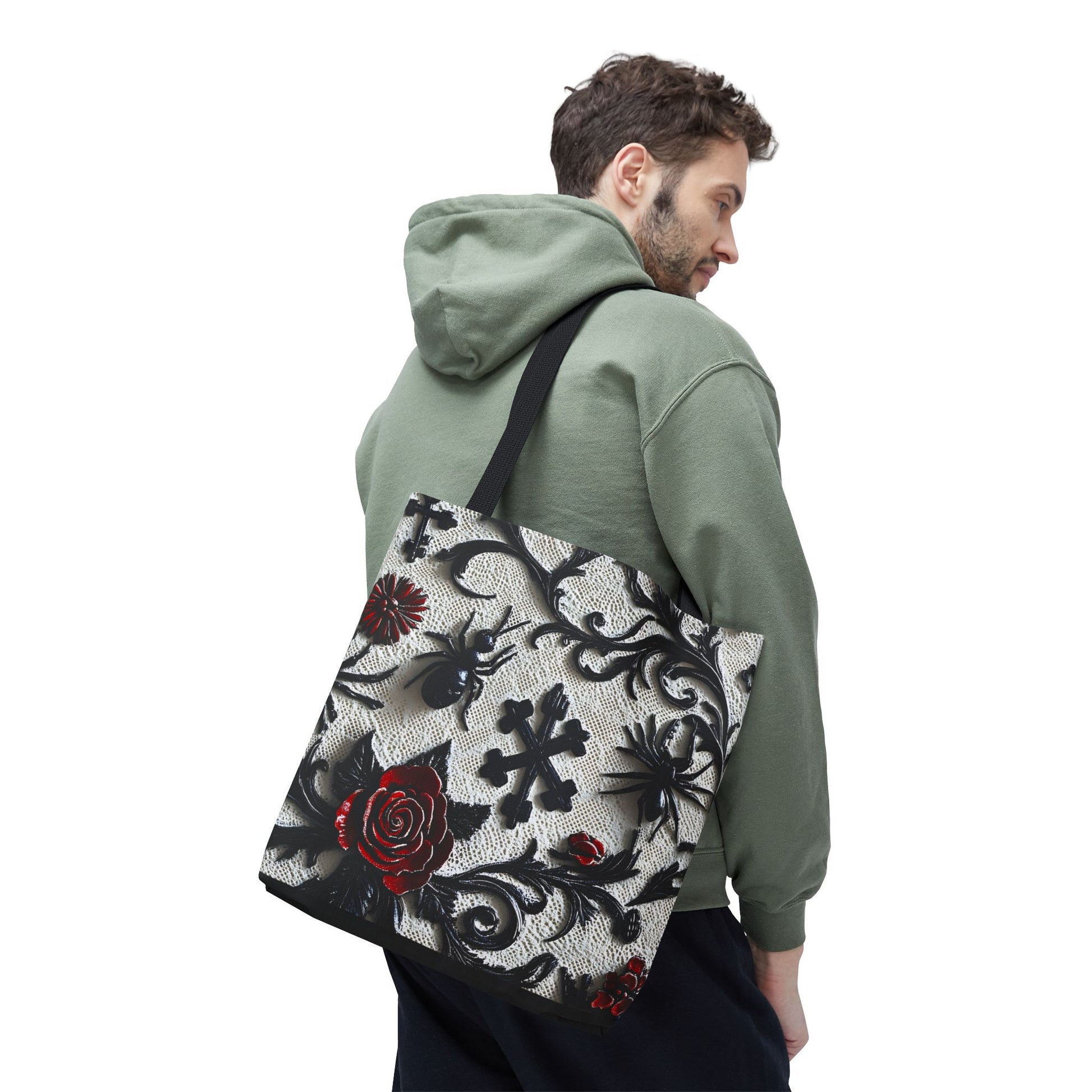 Gothic filigree tote bag with ornate dark floral print, stylish bags by Printify featuring intricate design and spacious interior.