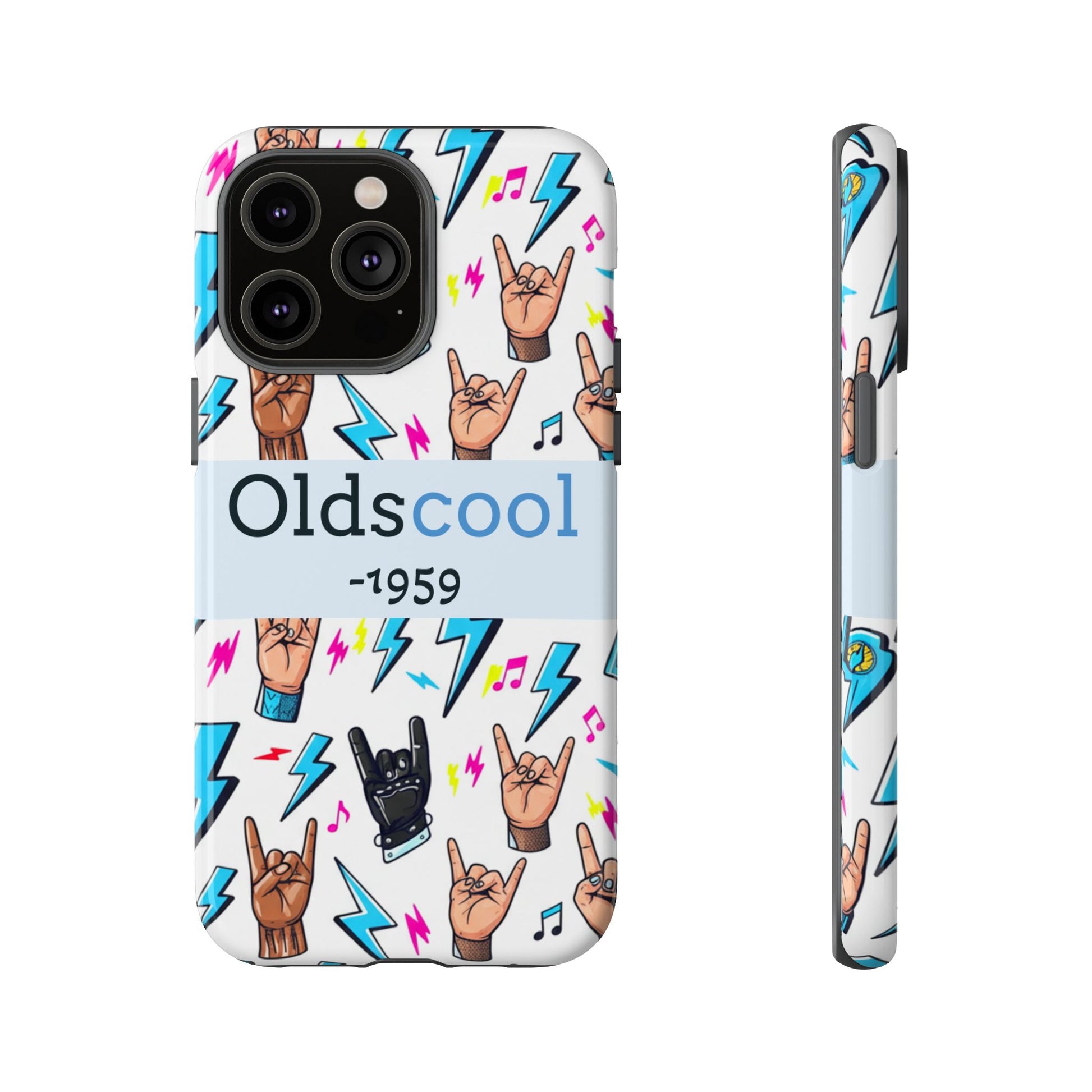 Retro Rock 'Oldscool 1959' Phone Case – Lightning & Rock Hand Pattern - Ramshackle Shack