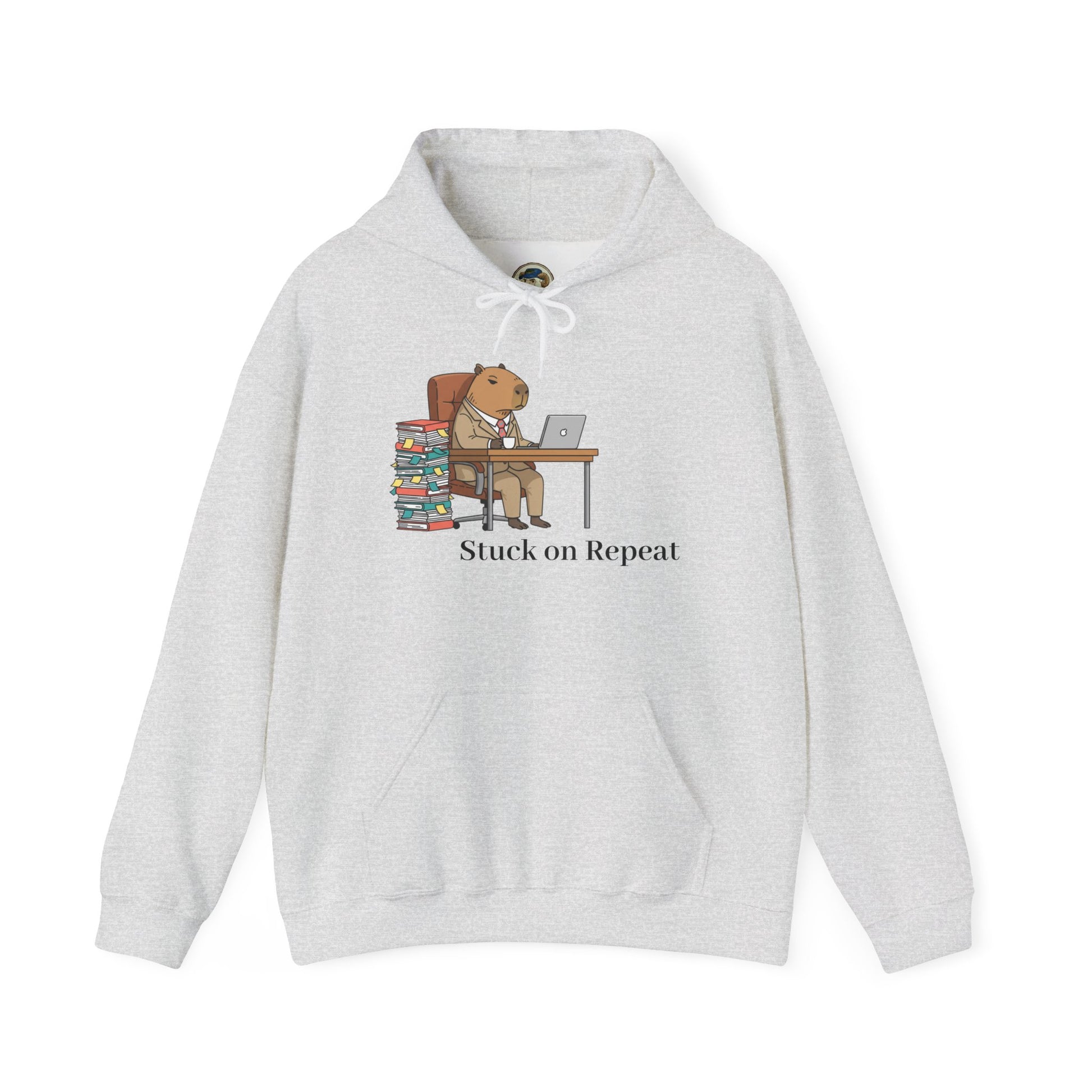 Capybara in suit printed hoodie by Printify featuring a cute capybara character in a suit design.