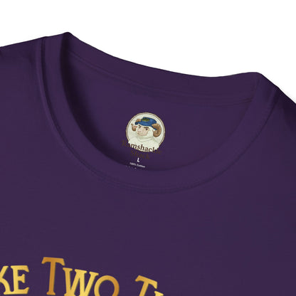 Graphic T-Shirt by Printify featuring humorous text "I Like Two Things: Titties and Tacos" on a casual taco-themed t-shirt.