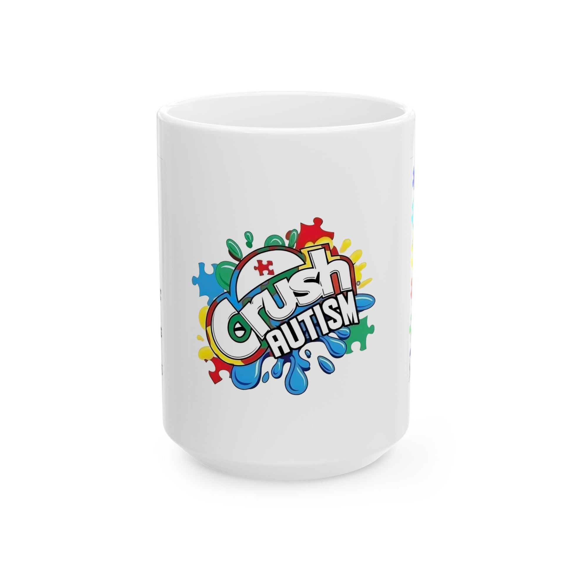 Colorful Crush Autism ceramic mug featuring a puzzle piece design, available in 11oz and 15oz sizes.