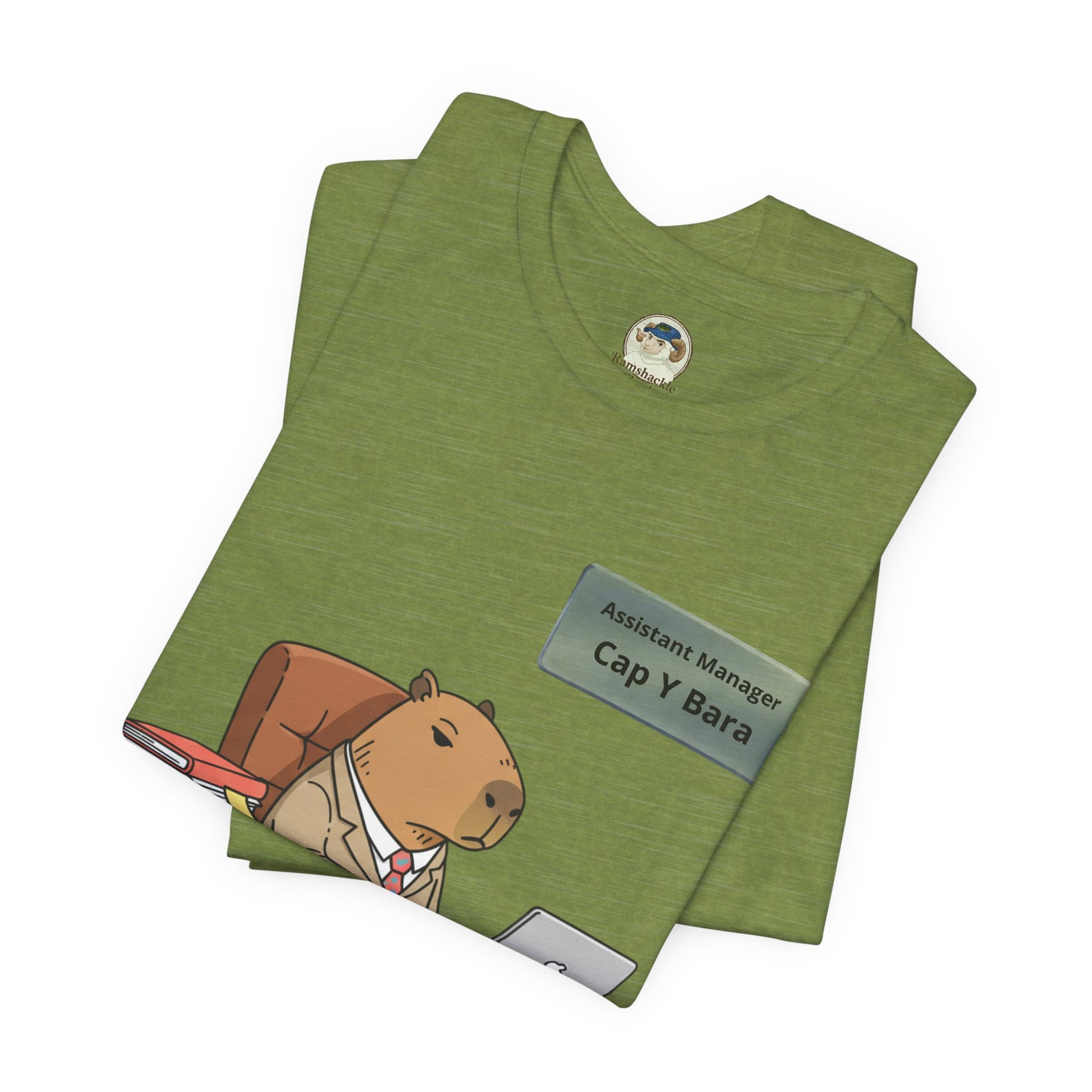 Capybara in suit desk tee featuring personalized nameplate design, casual printify t-shirt with playful animal illustration.