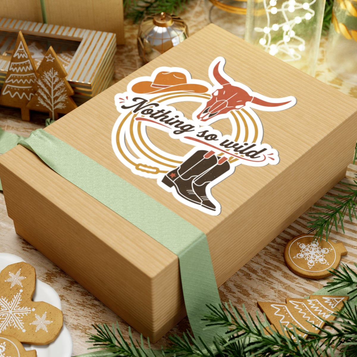 Set of minimal Western ‘Nothing So Wild’ kiss-cut paper stickers featuring cowboy chic and desert sunset designs.