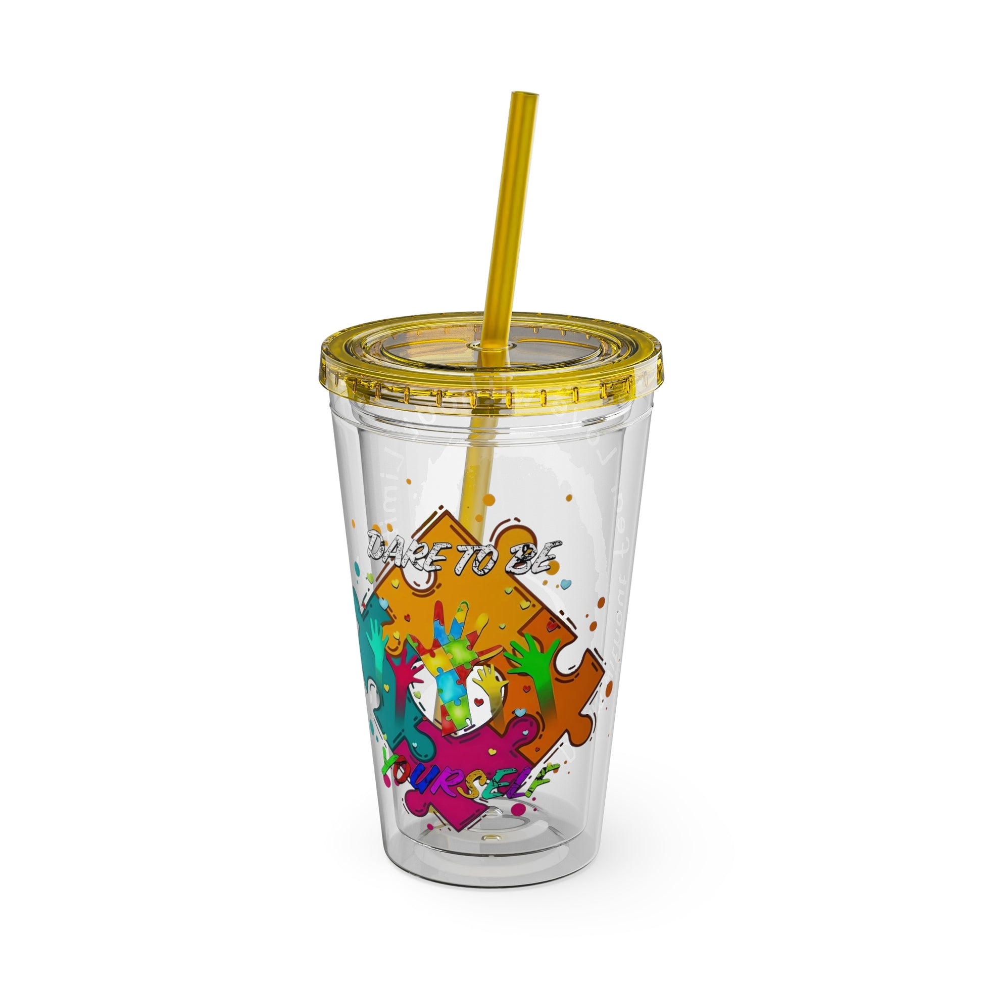 16oz Printify Sunsplash Tumbler with straw featuring watercolor elephant and paint-splatter puzzle designs.