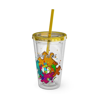 16oz Printify Sunsplash Tumbler with straw featuring watercolor elephant and paint-splatter puzzle designs.