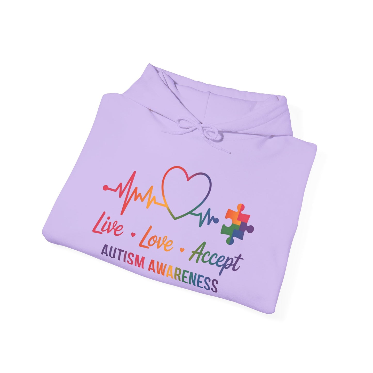 Autism Awareness Hoodie — "Live, Love, Accept" Heartbeat Puzzle-Rainbow - Ramshackle Shack