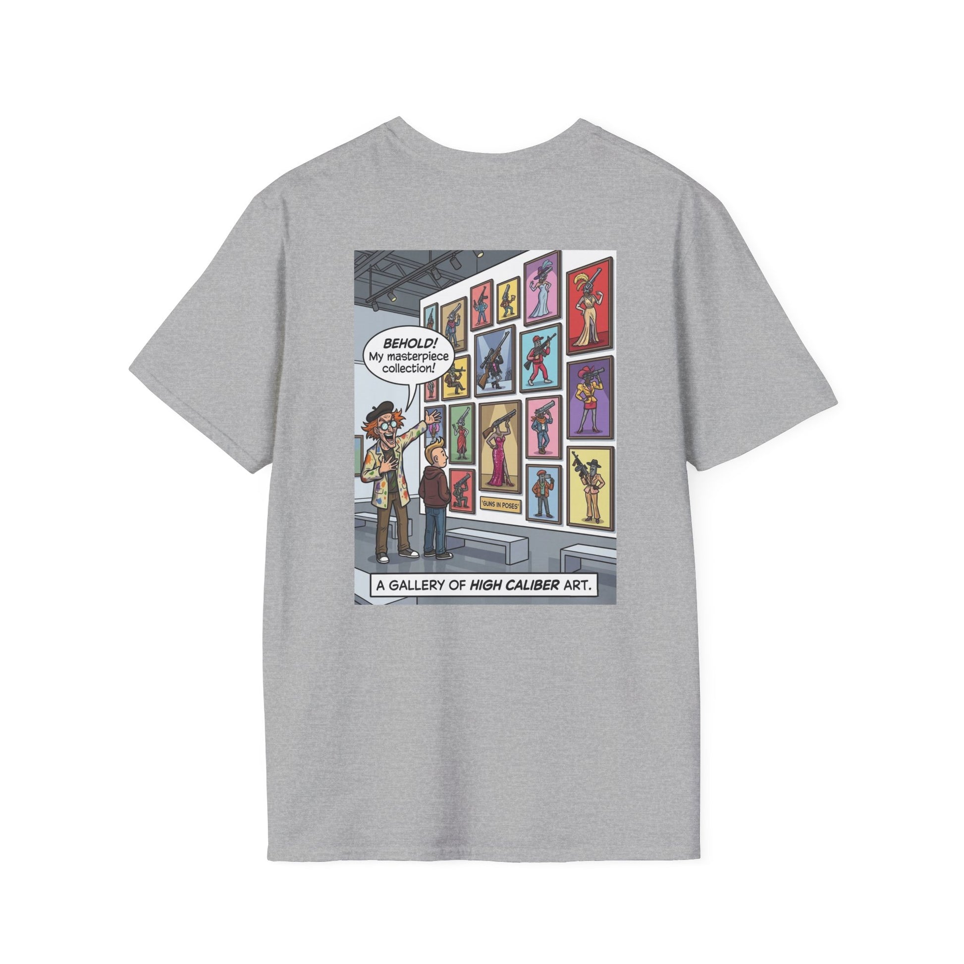 Black t-shirt featuring graphic print of guns in various poses, designed by Printify for bold streetwear style.