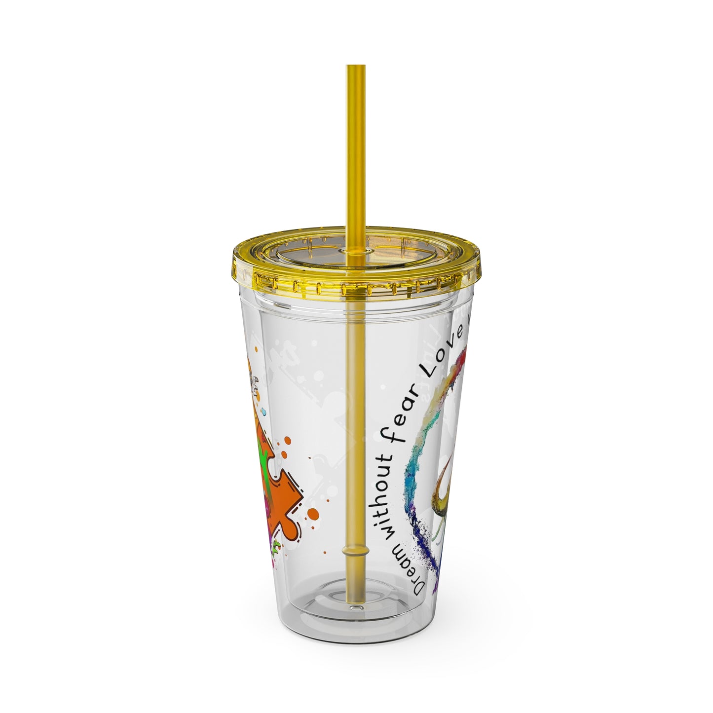 16oz Printify Sunsplash Tumbler with straw featuring watercolor elephant design and paint-splatter puzzle art.