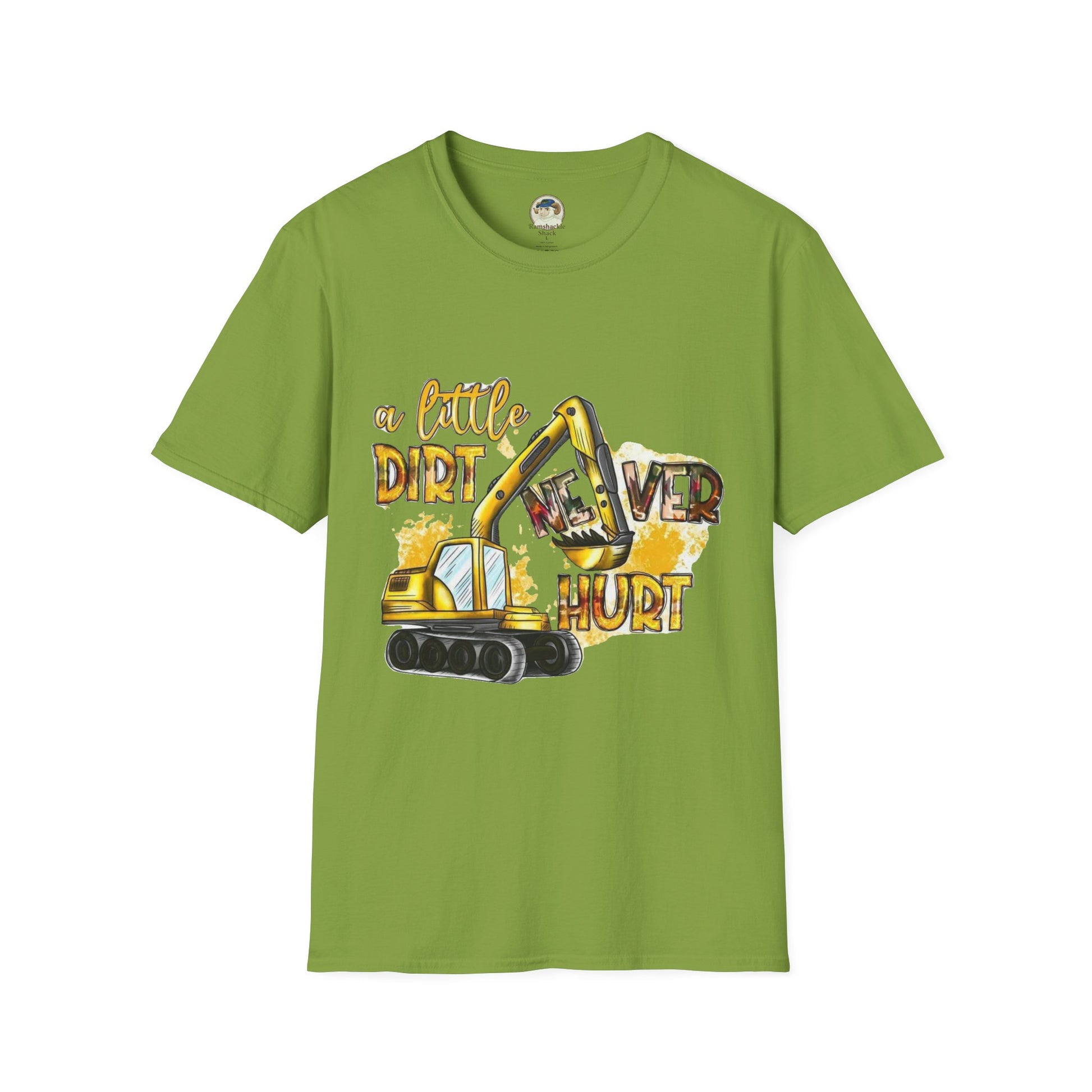 Excavator A Little Dirt Never Hurt TShirt  Custom Business Name & Logo Back - Ramshackle Shack