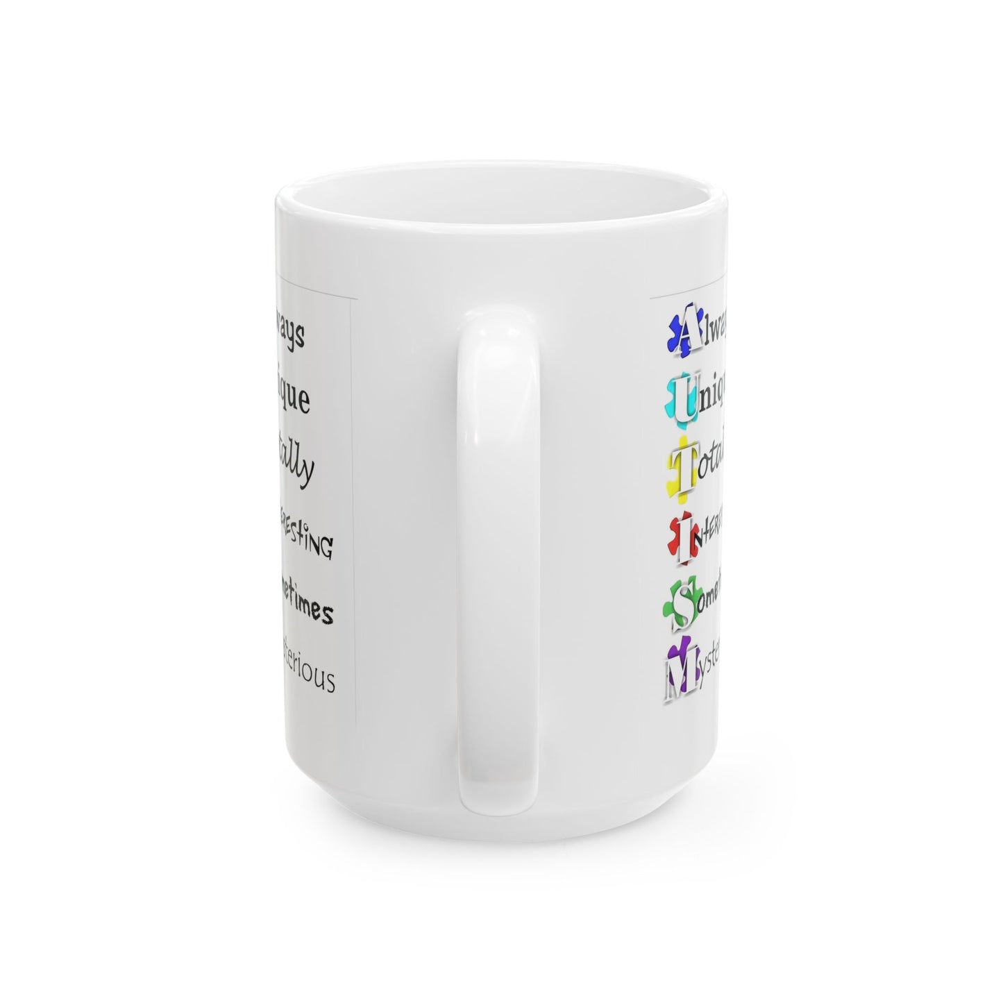 Colorful Crush Autism ceramic mug featuring puzzle piece design, available in 11oz and 15oz sizes by Printify.