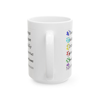 Colorful Crush Autism ceramic mug featuring puzzle piece design, available in 11oz and 15oz sizes by Printify.