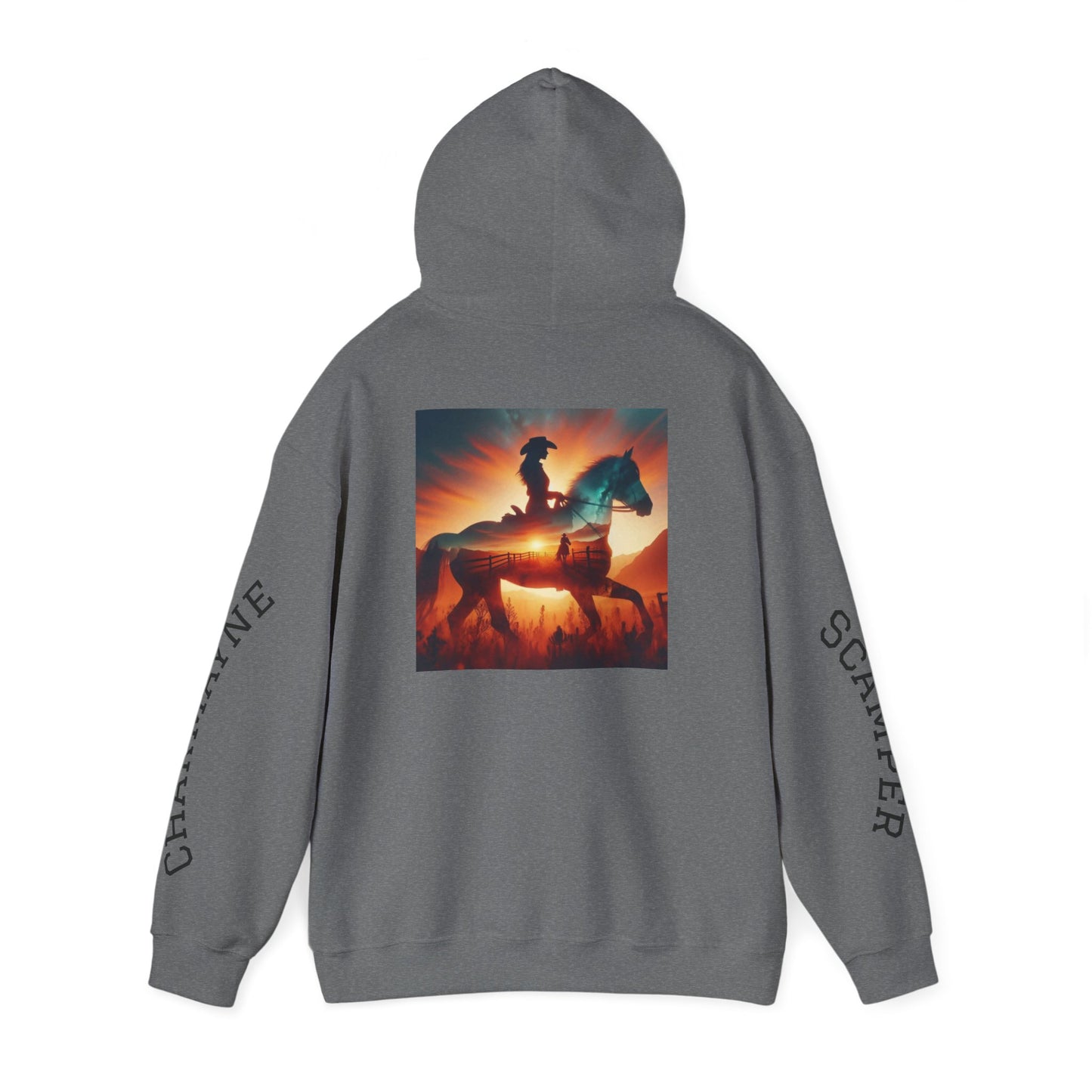 Western minimalist rider hoodie with personalized bull skull and prairie sunset design, featuring a comfortable fit and rustic style.